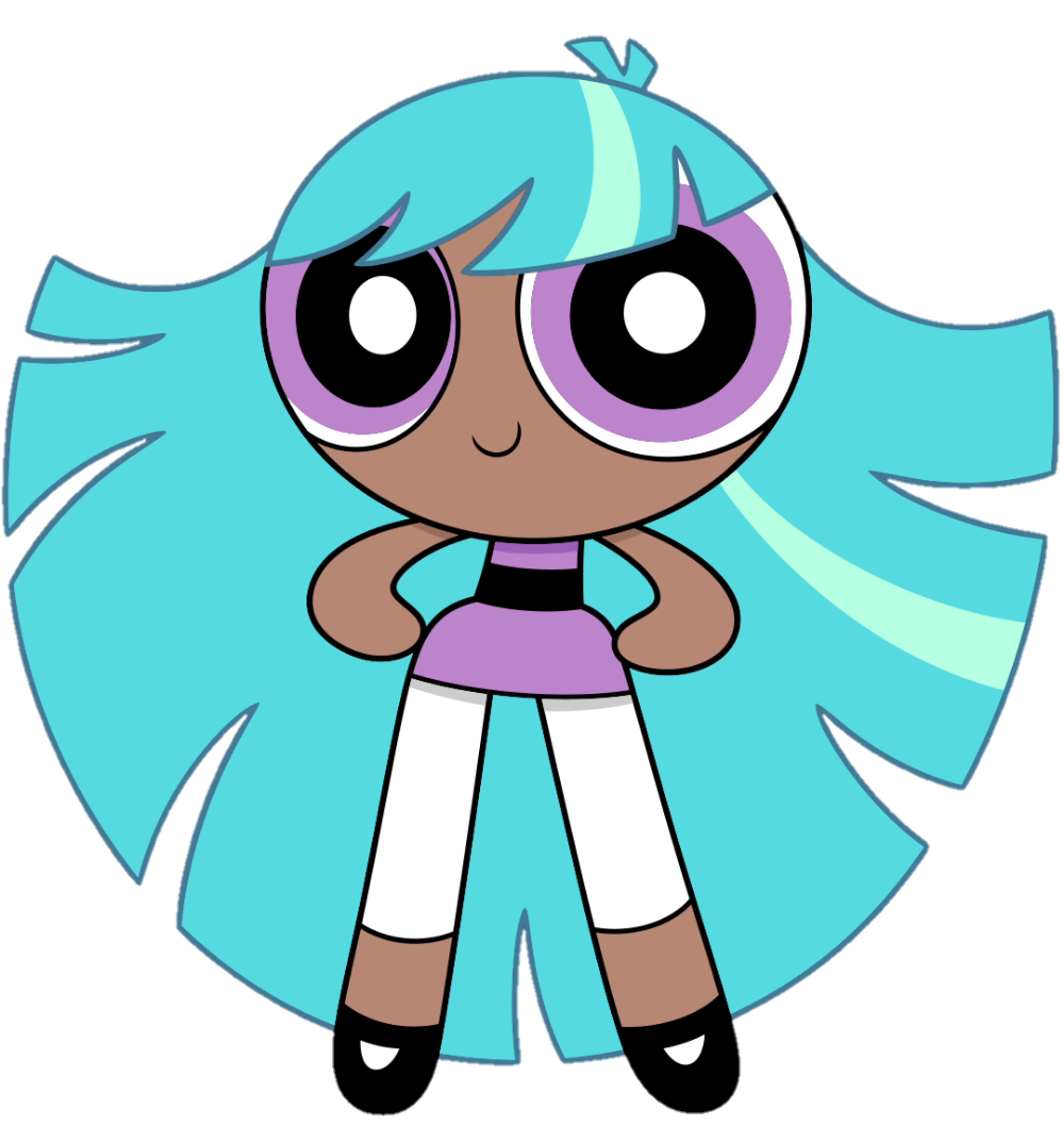 A cartoon character with dark skin, neon cyan hair, and light purple eyes.