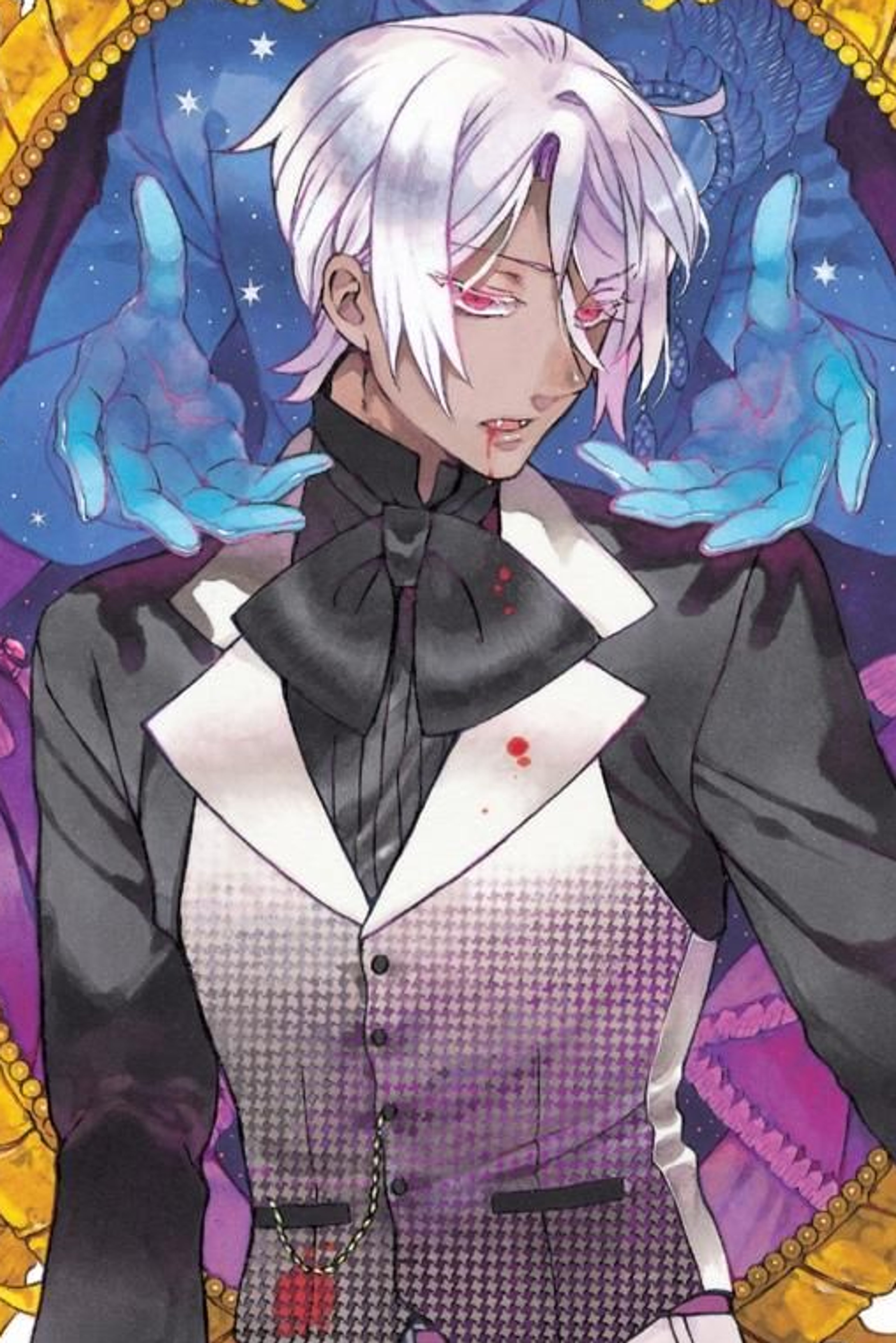 A young man with silver-white hair wearing a black suit and red tie in a formal setting