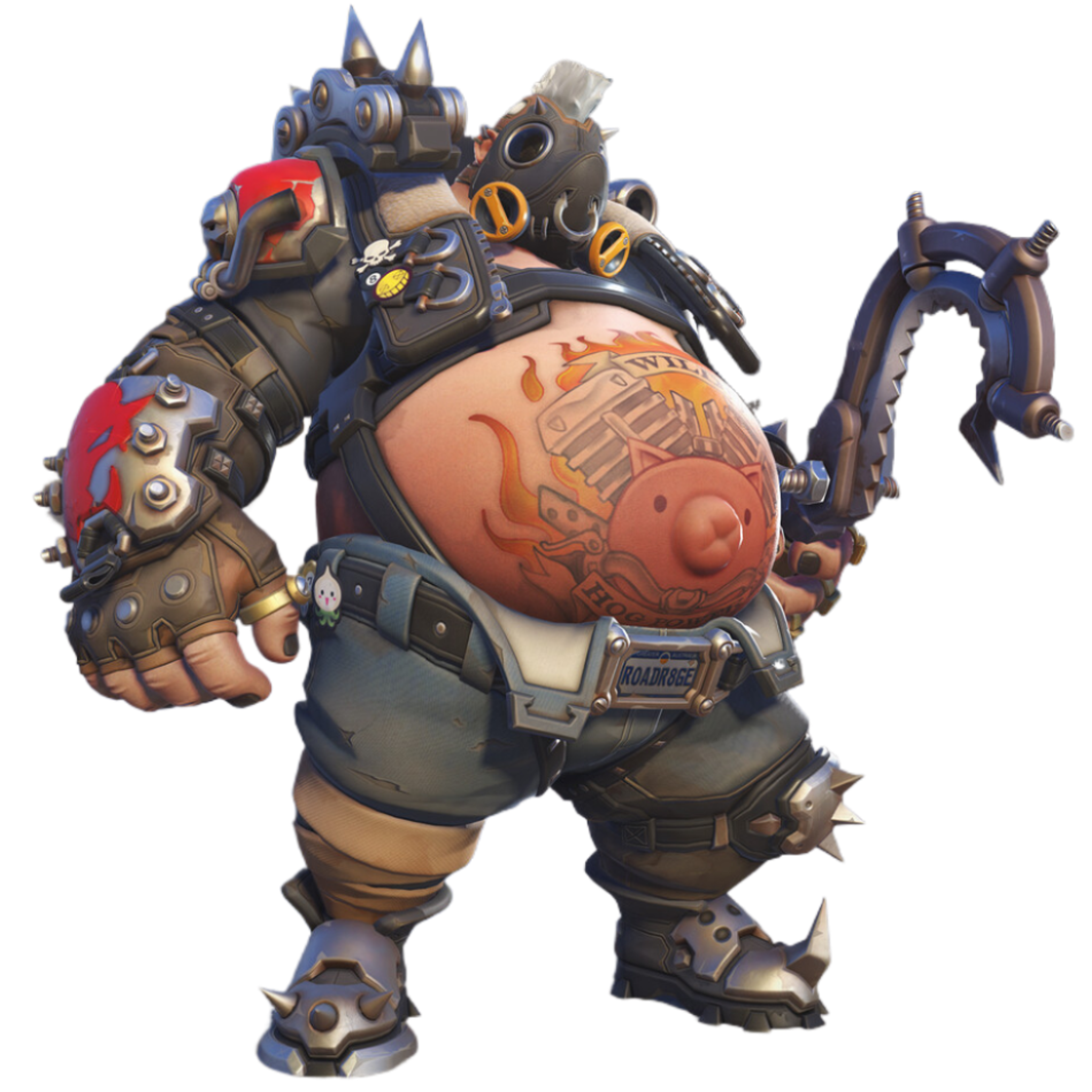 A heavily armored, muscular character with a gas mask and tattered, post-apocalyptic gear
