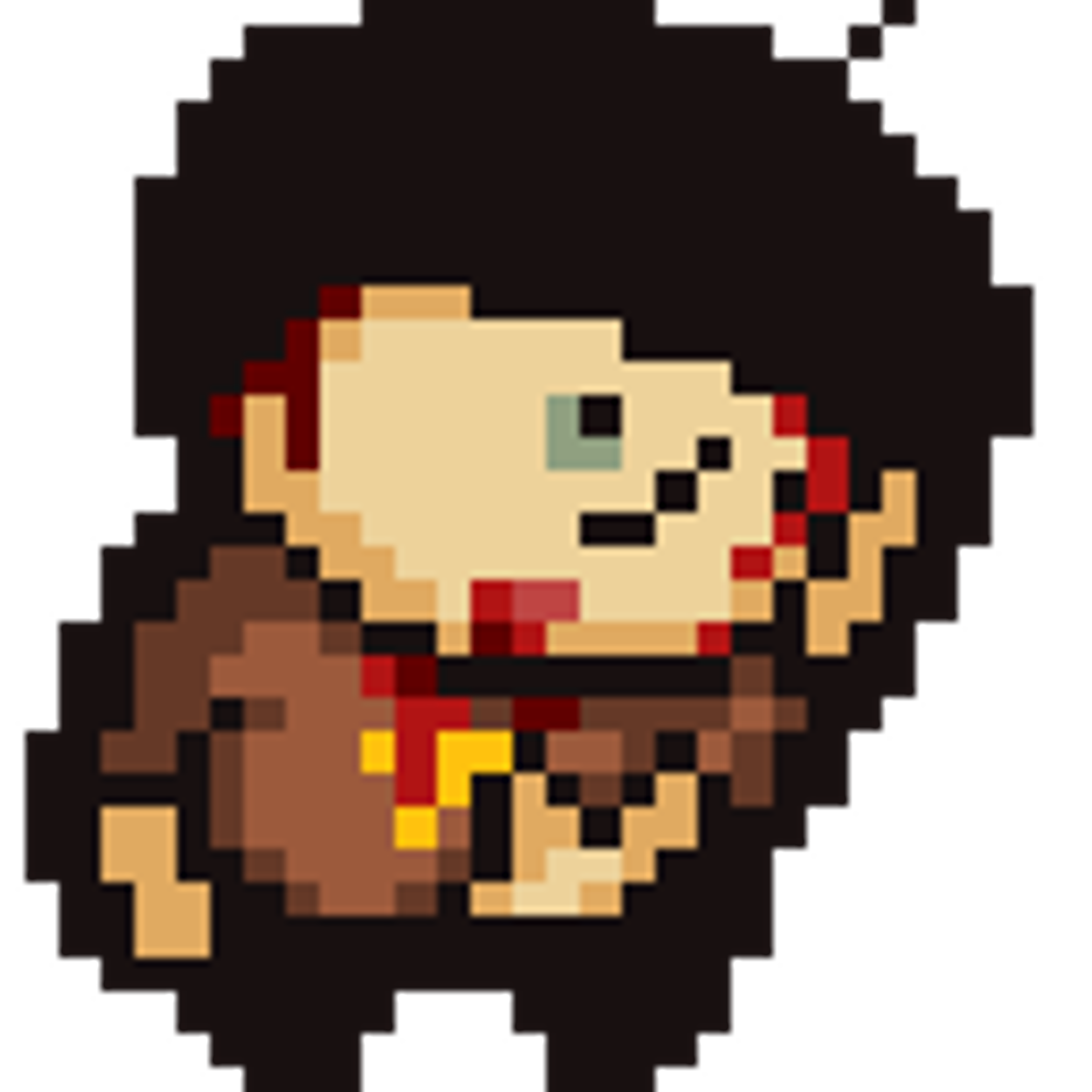 A pixelated, retro-style character with a large head and small body, wearing red and yellow clothing.