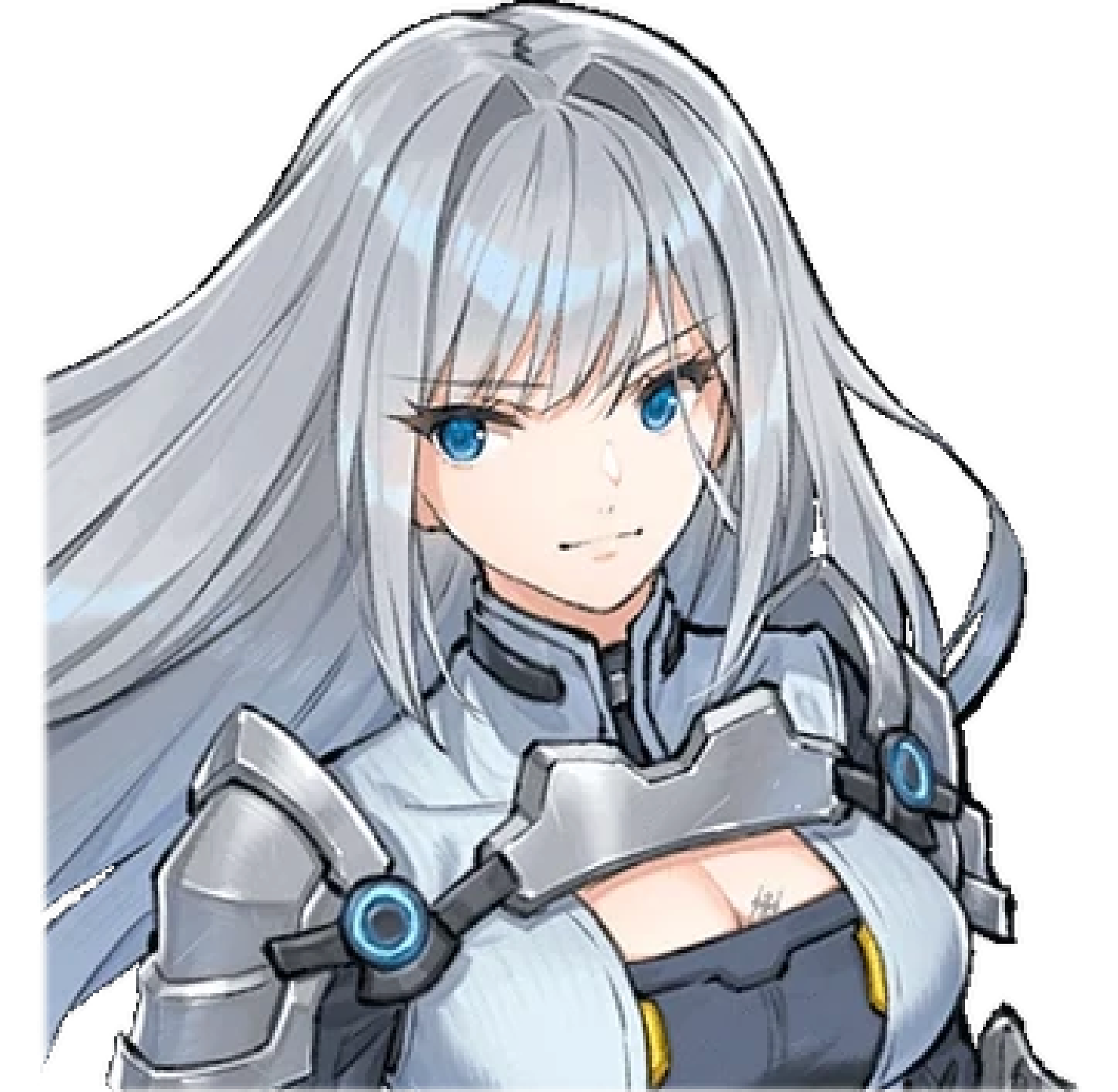 A silver-haired, blue-eyed young woman in a gray military uniform