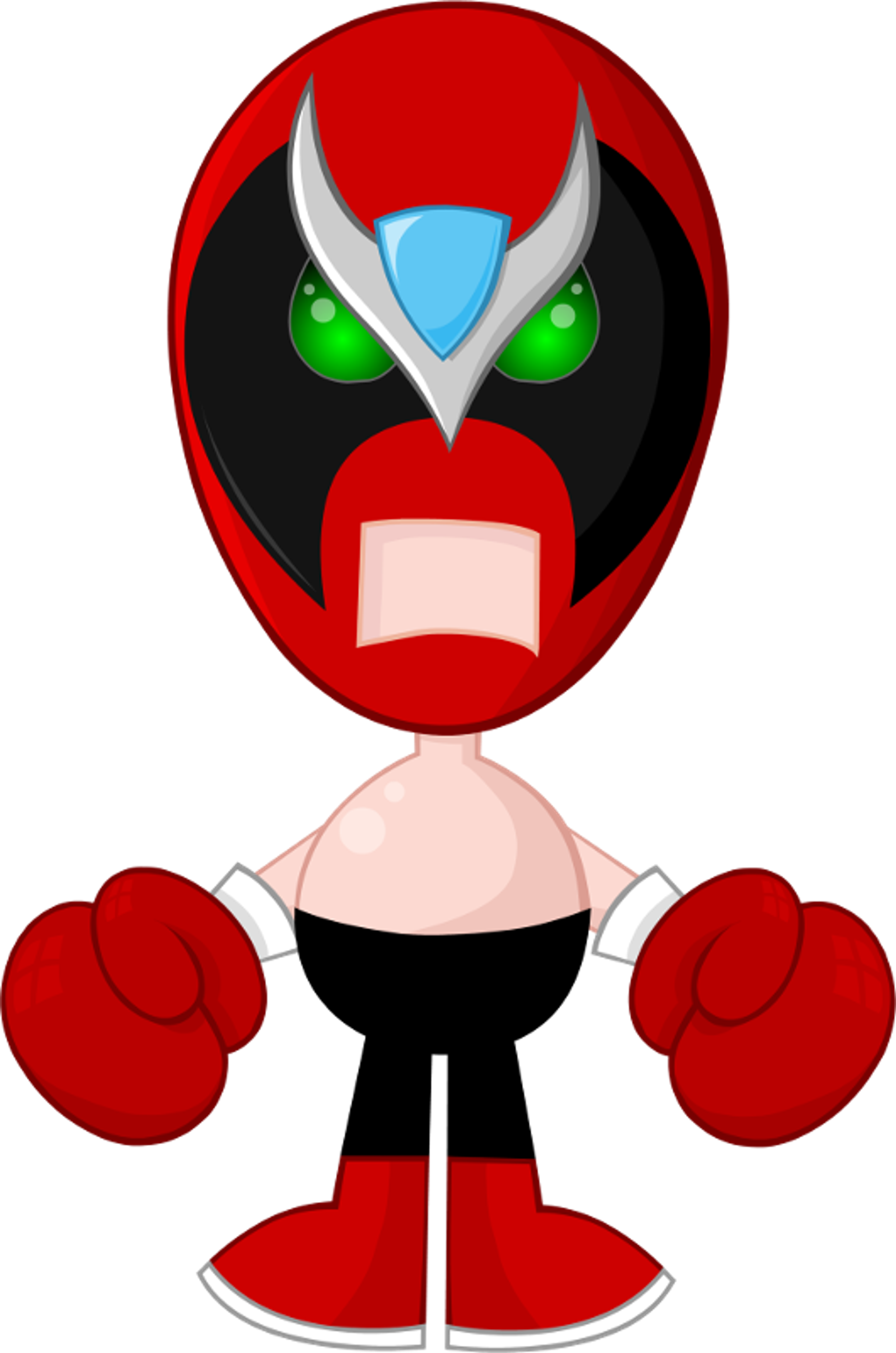 A cartoon character with a red lucha libre-style mask and gloves