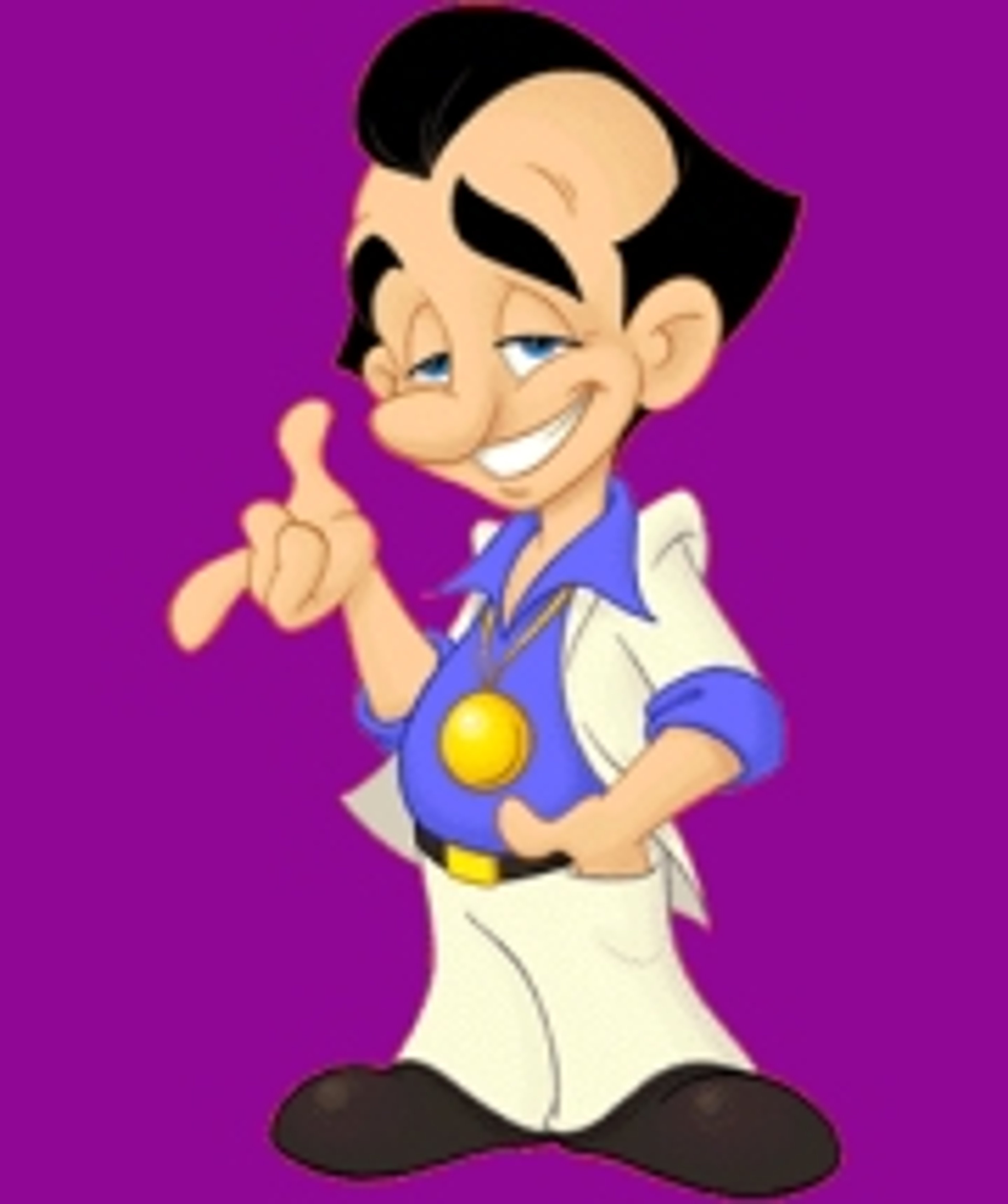 A cartoon character named Larry Laffer, a balding middle-aged man wearing a white leisure suit