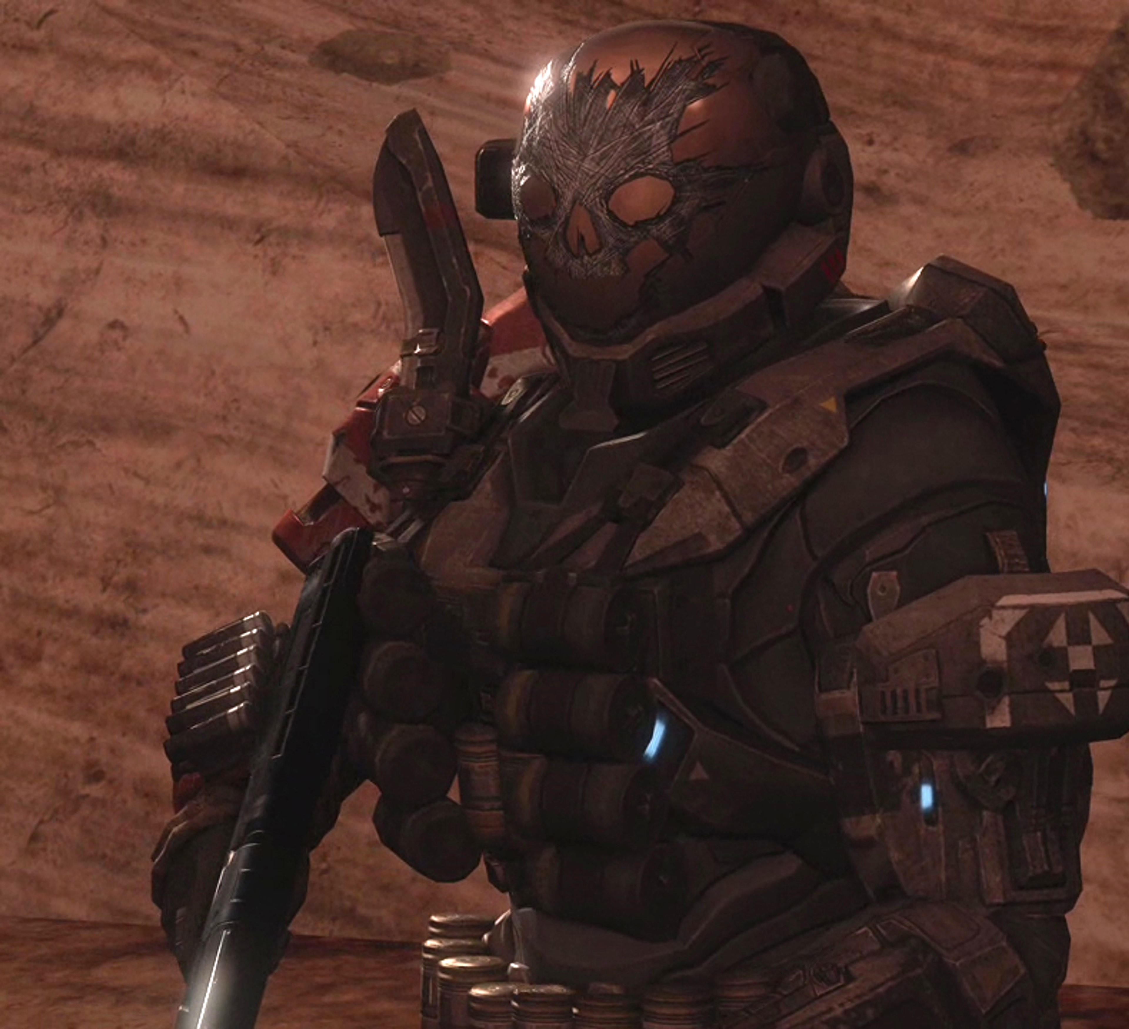 A heavily armored SPARTAN-III commando named Emile-A239 from the Halo universe, wearing a distinctive skull-carved helmet and holding a large weapon.