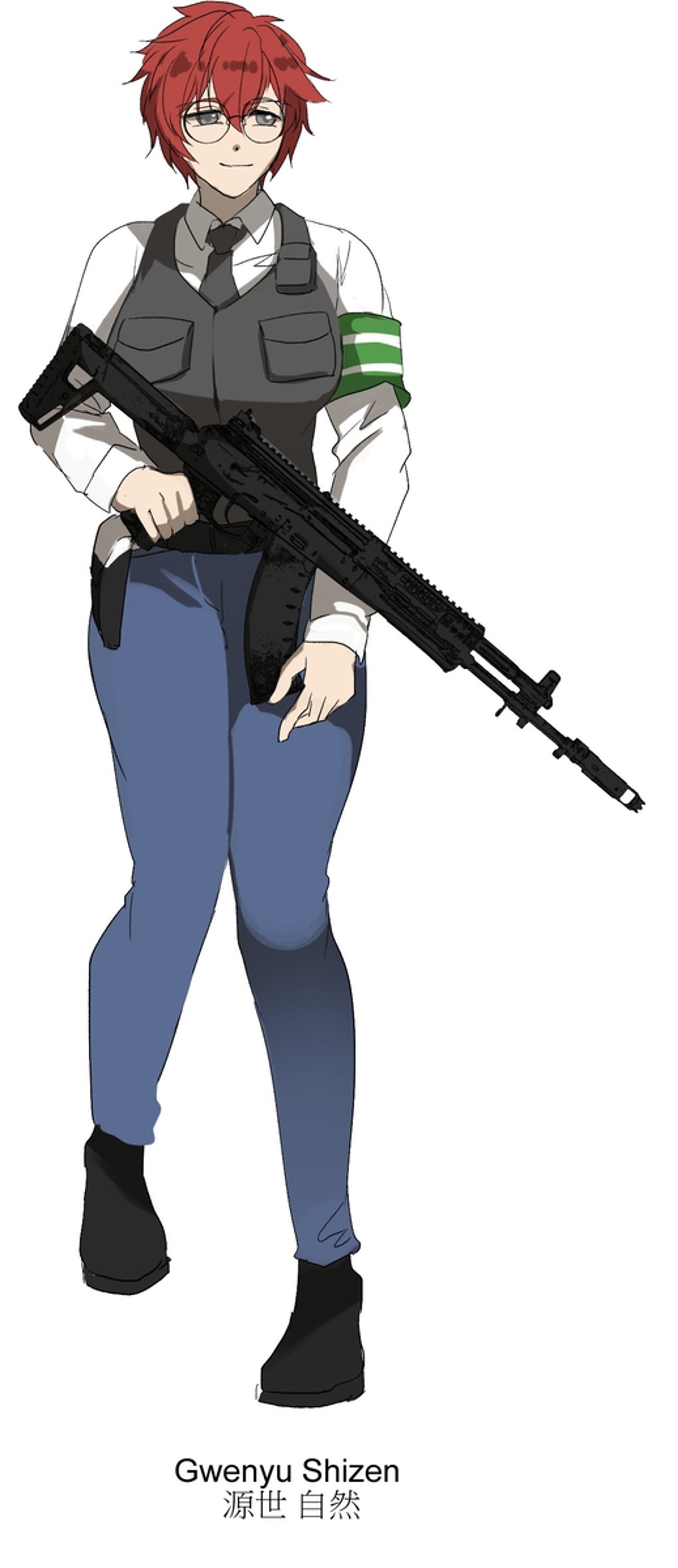 A young man with red hair and grey eyes wearing a military-style vest and holding a firearm