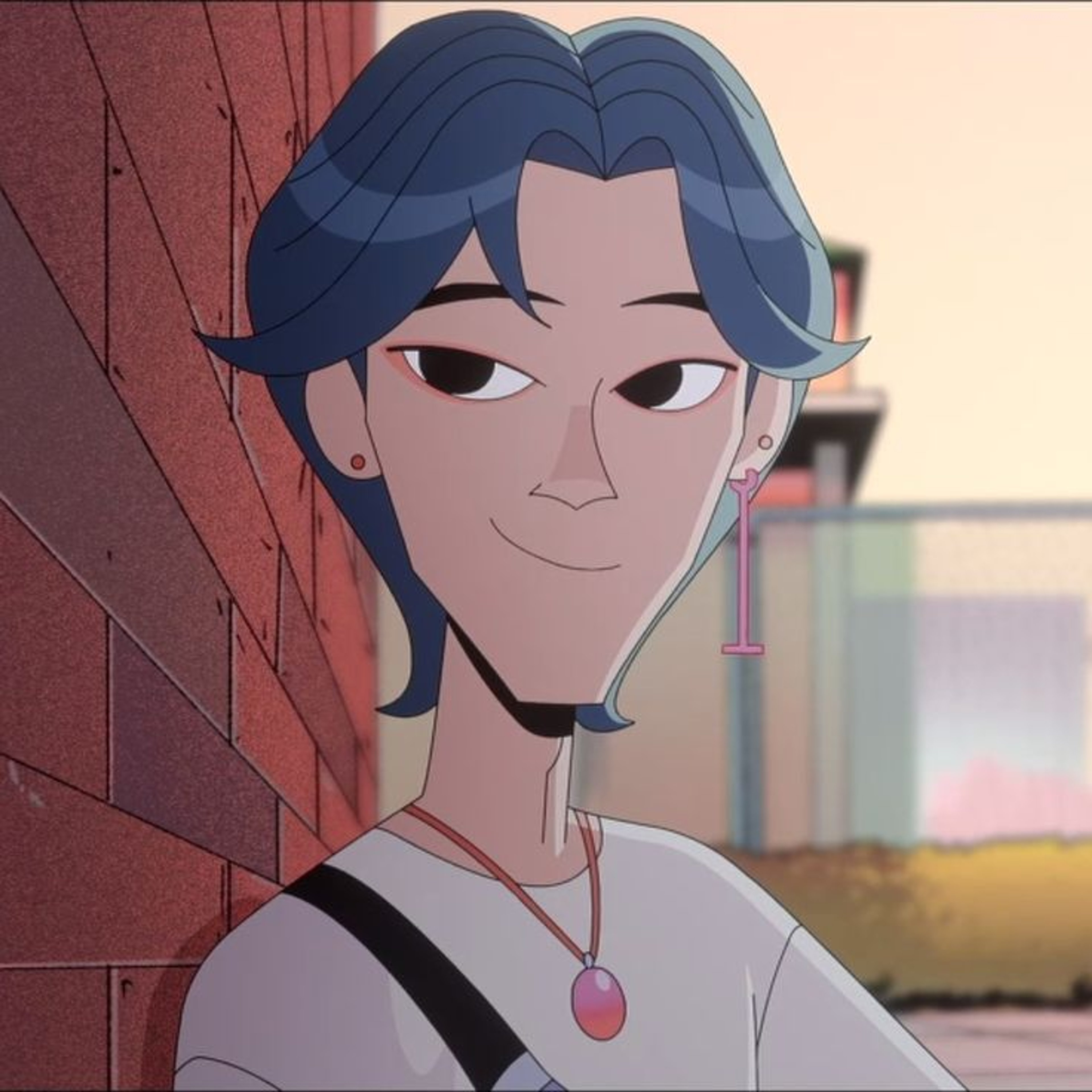 An anime-style character with dark blue hair and a youthful, androgynous appearance.