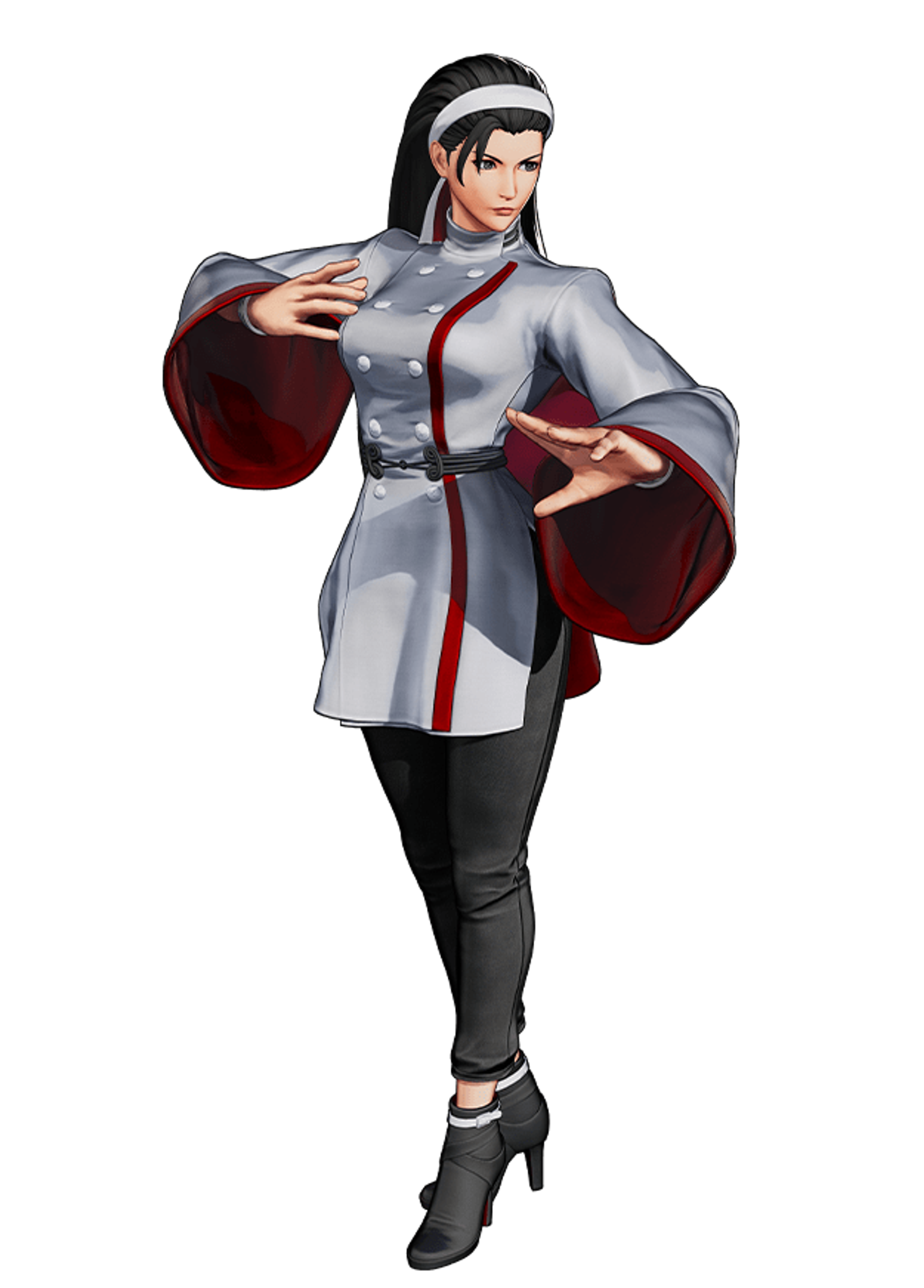 A woman in a gray and red martial arts outfit in a fighting stance
