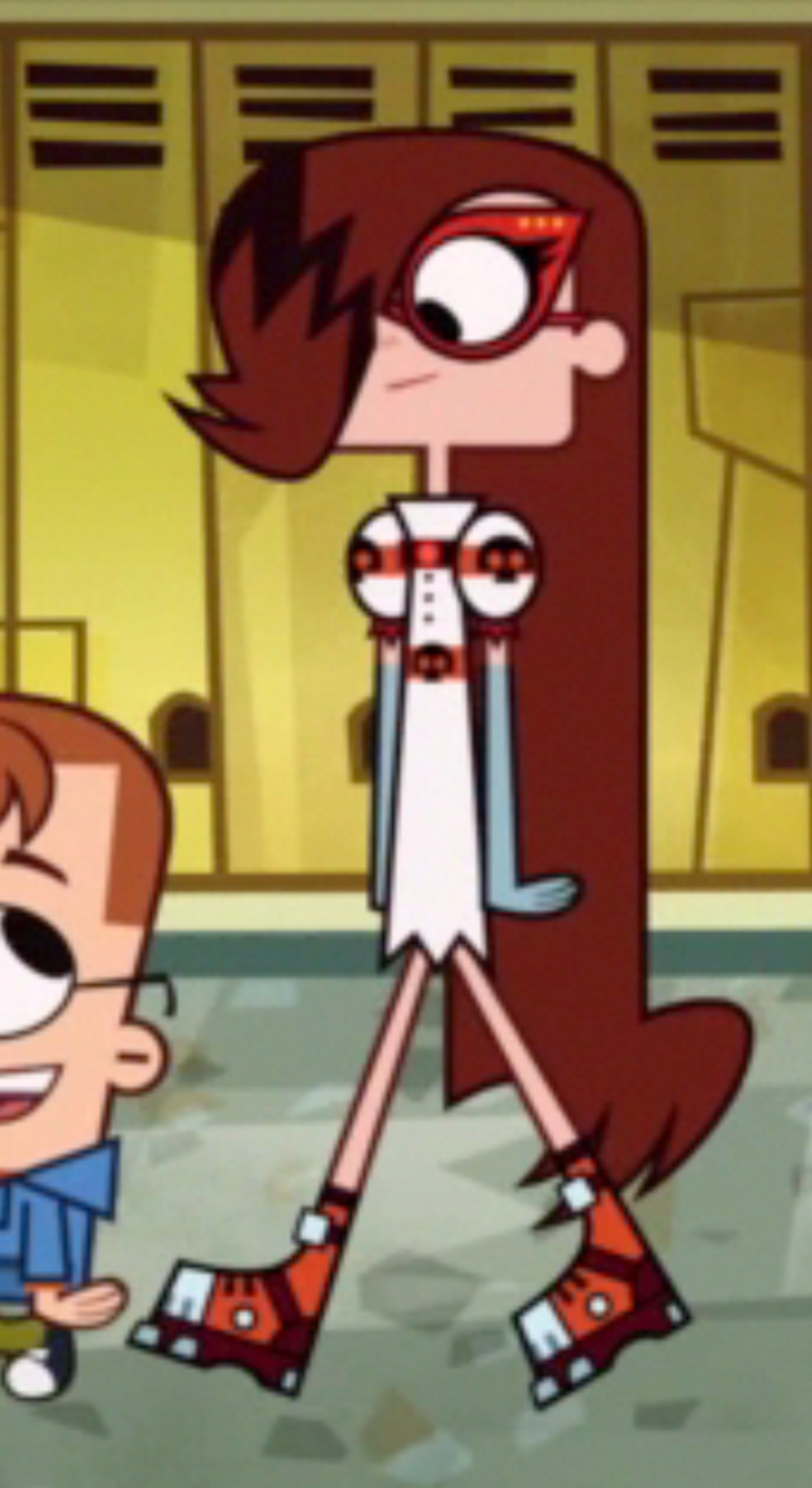 A tall, imposing teenage girl with red hair and seismic boots