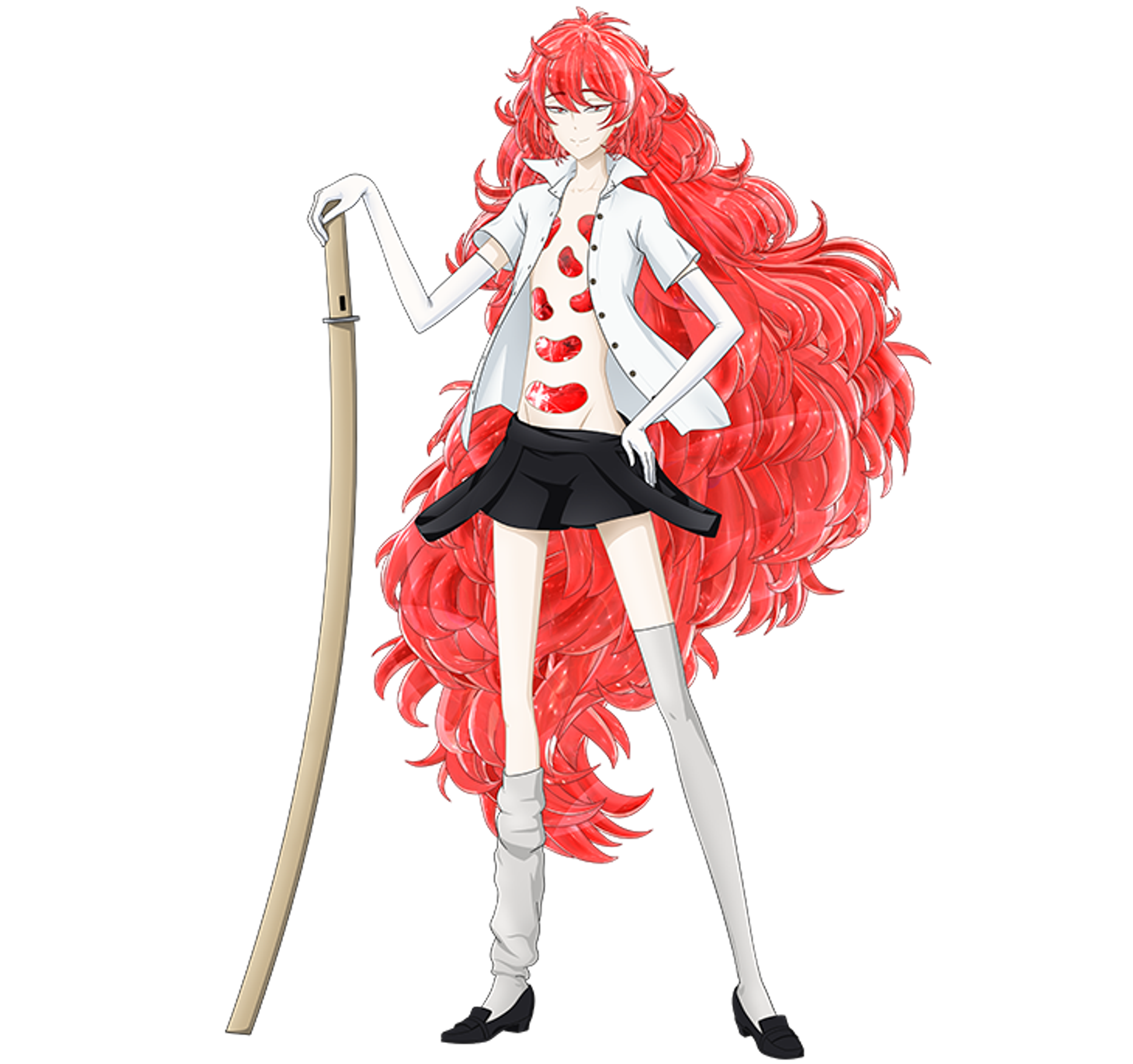 An anime-style character with long red hair holding a staff