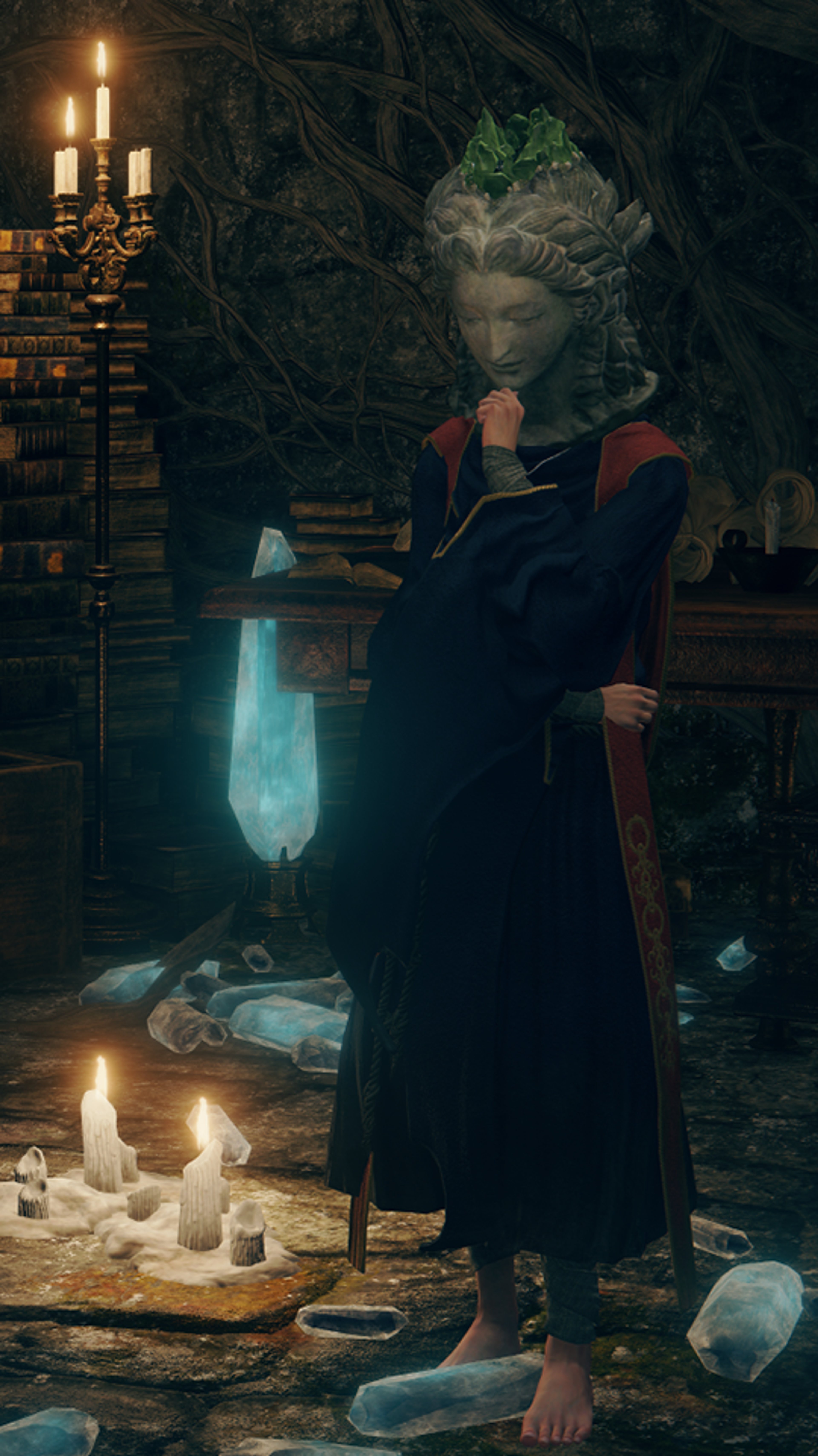 A sorceress or witch-like figure standing in a dimly lit, atmospheric setting