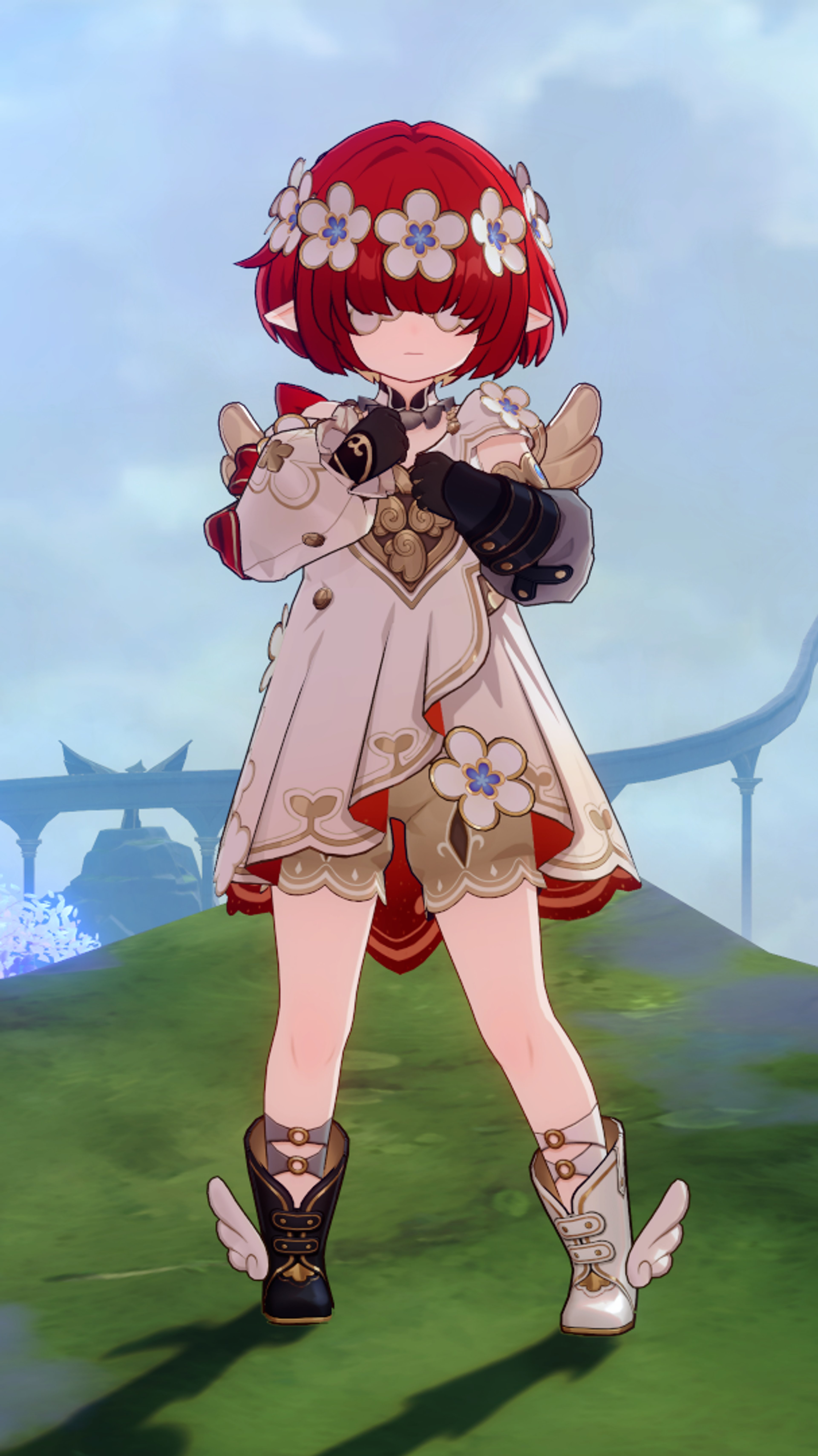 An anime-style character with long, red hair and a floral dress standing in a grassy field