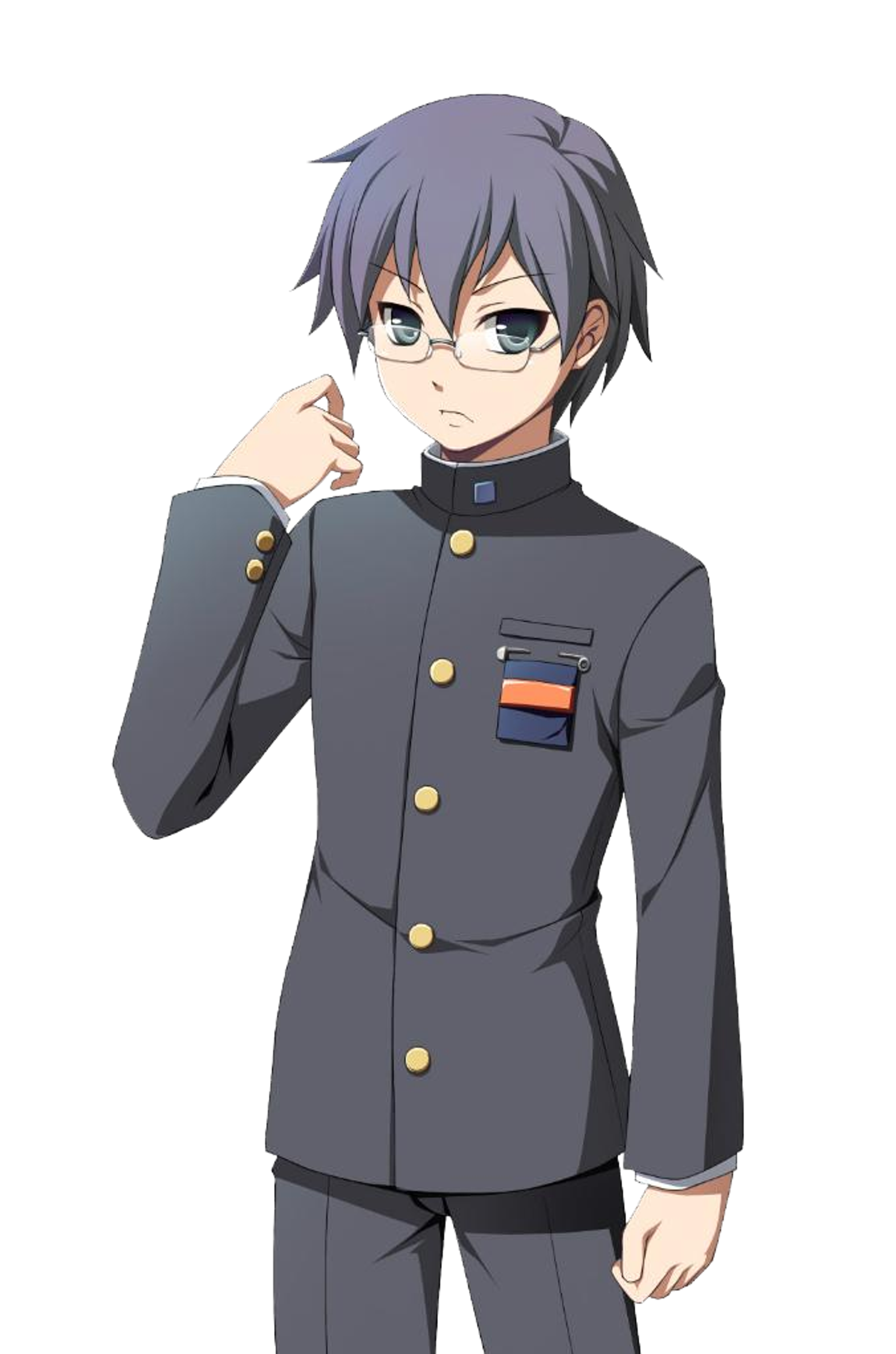 A serious-looking high school student in a gray military-style uniform