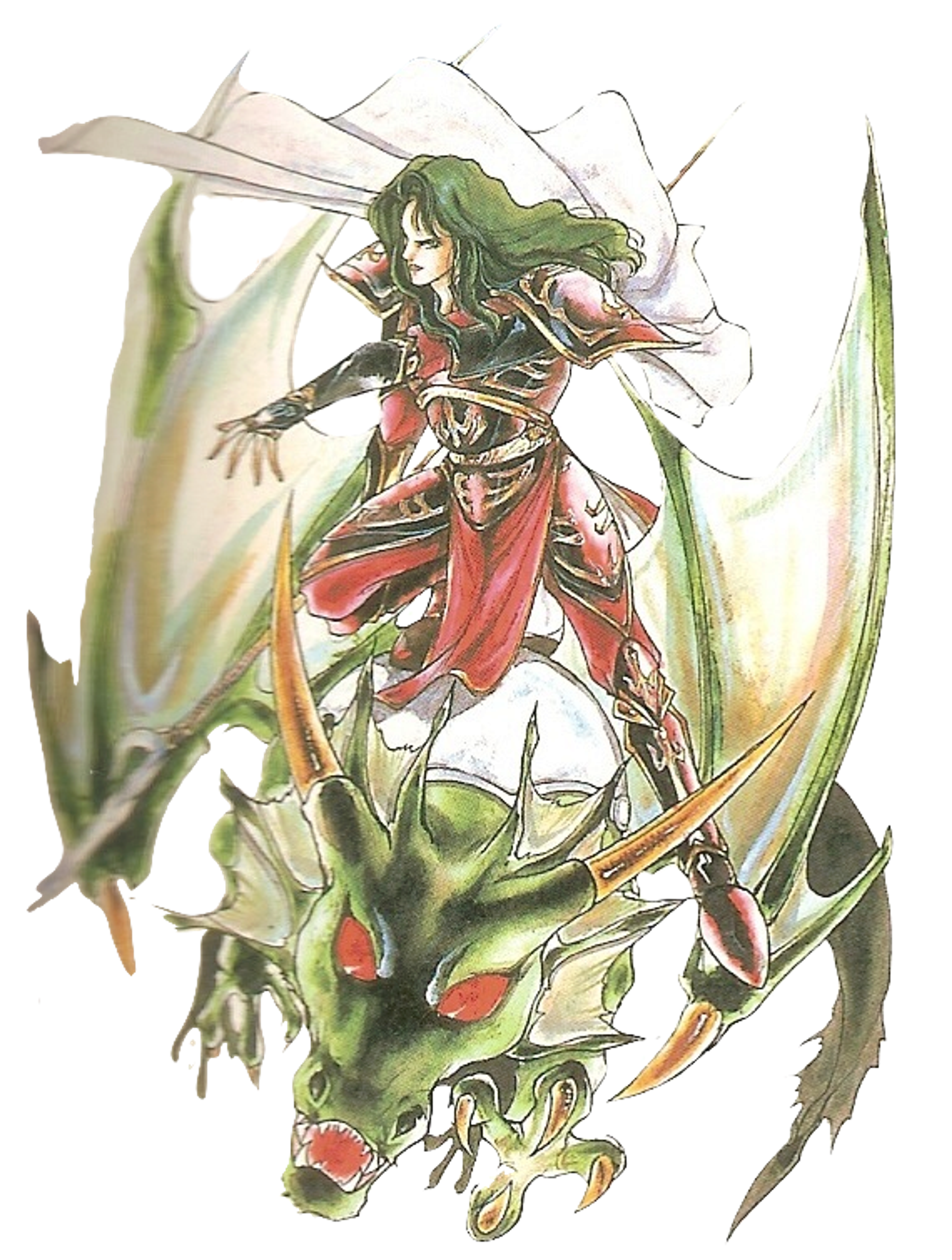 A fantasy character in red and white clothing, wielding a large lance and surrounded by wind and energy effects.