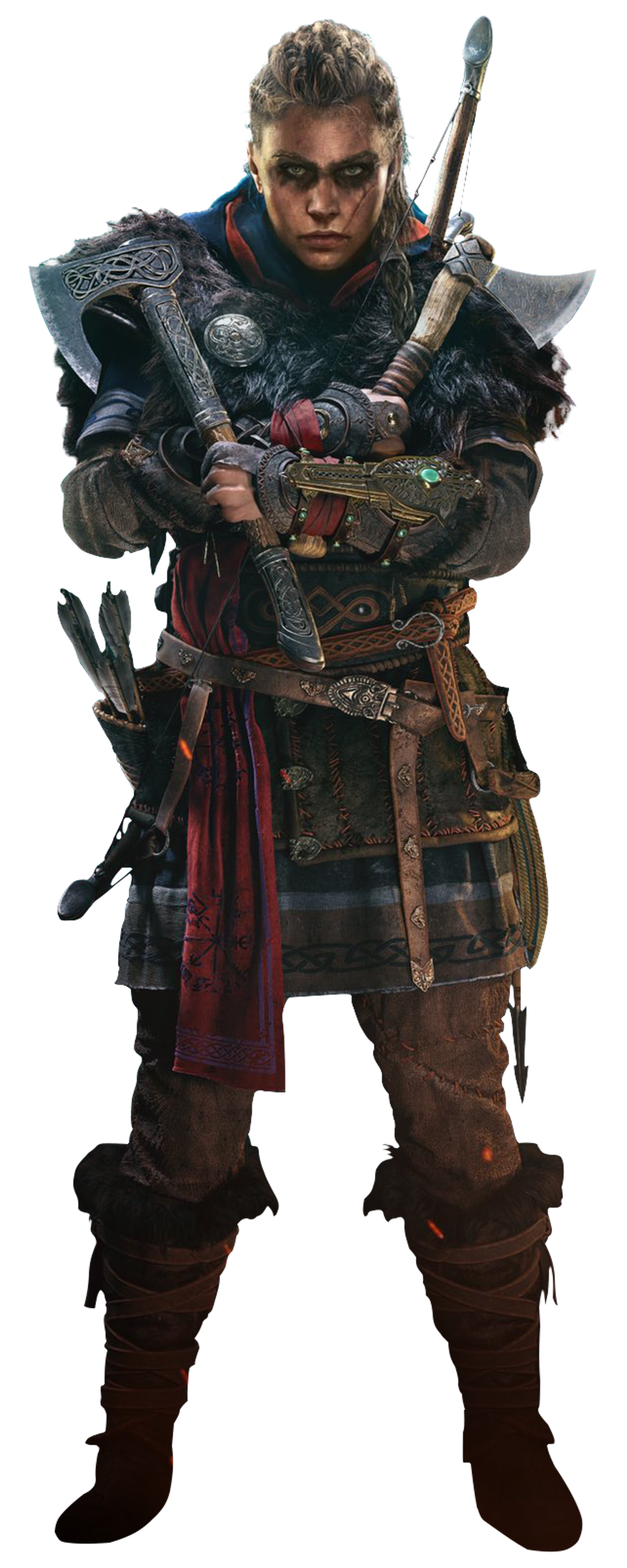 A fierce Norse shieldmaiden warrior, armed and ready for battle.