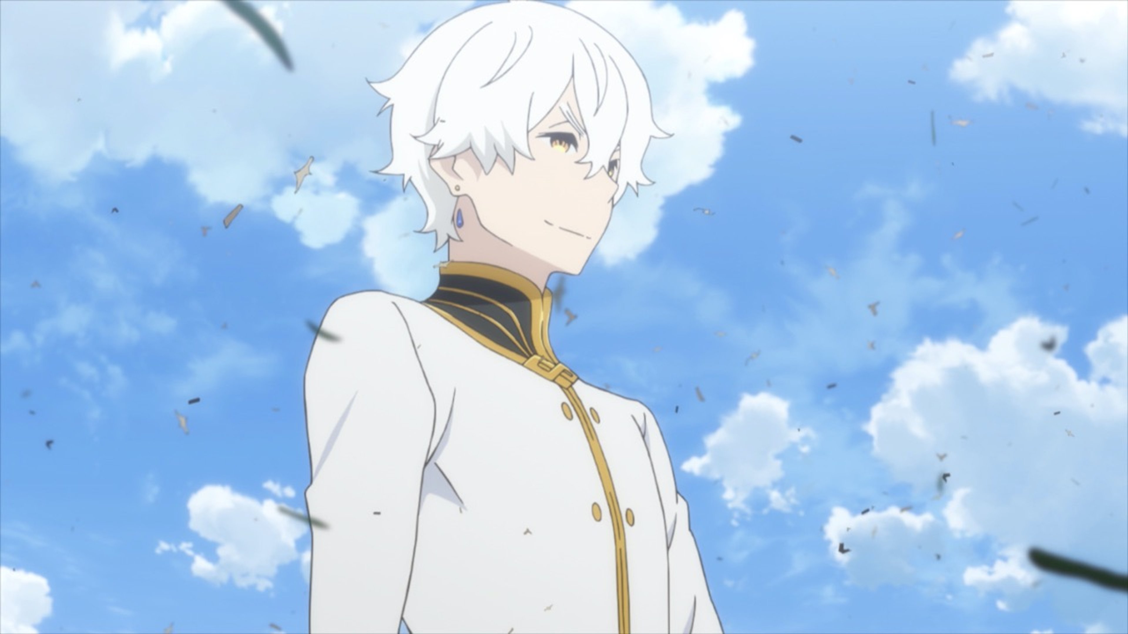 A young man with white hair and gold eyes wearing a white outfit with gold accents.