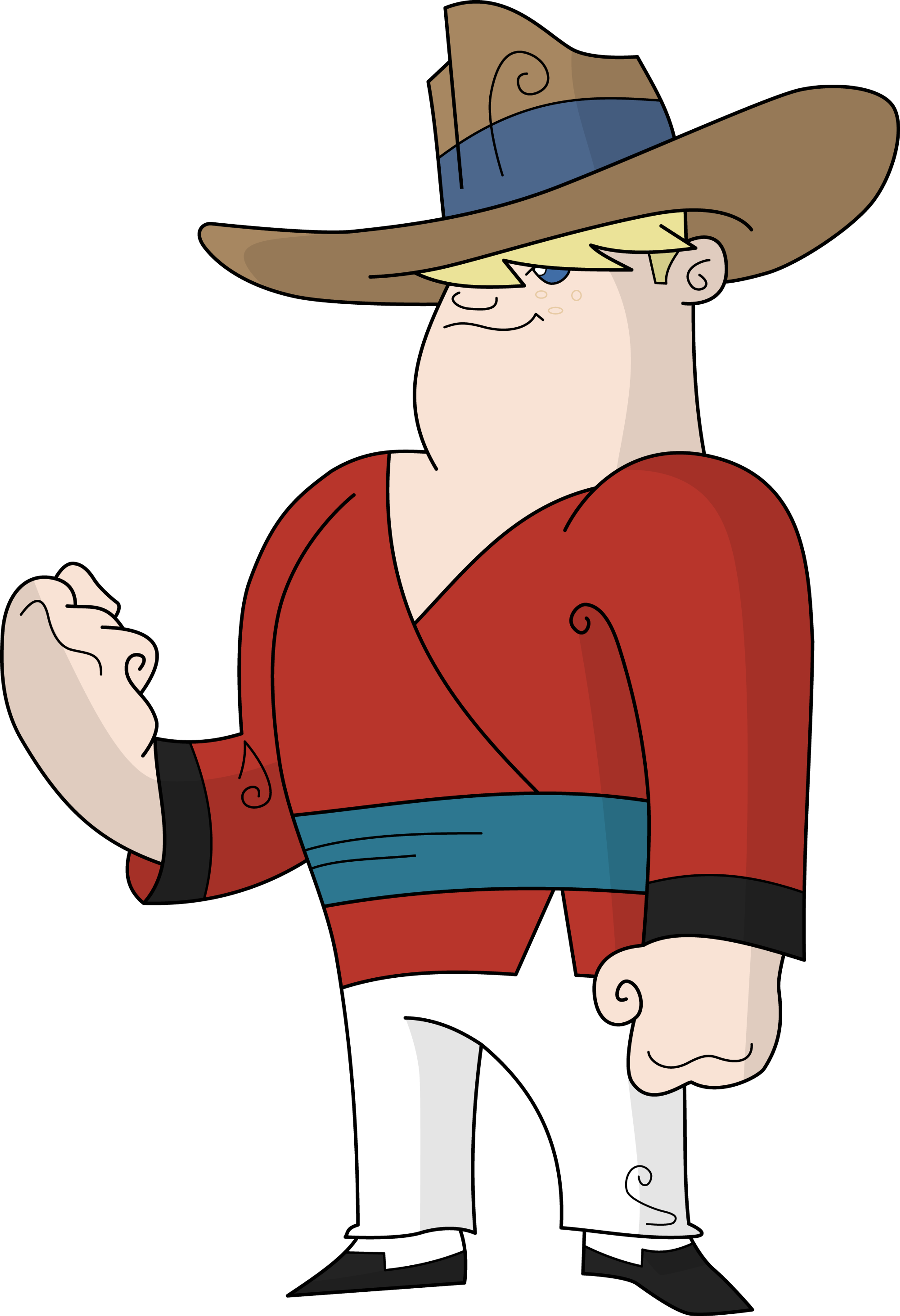 A friendly, muscular cowboy character wearing a cowboy hat, bandana, and red shirt