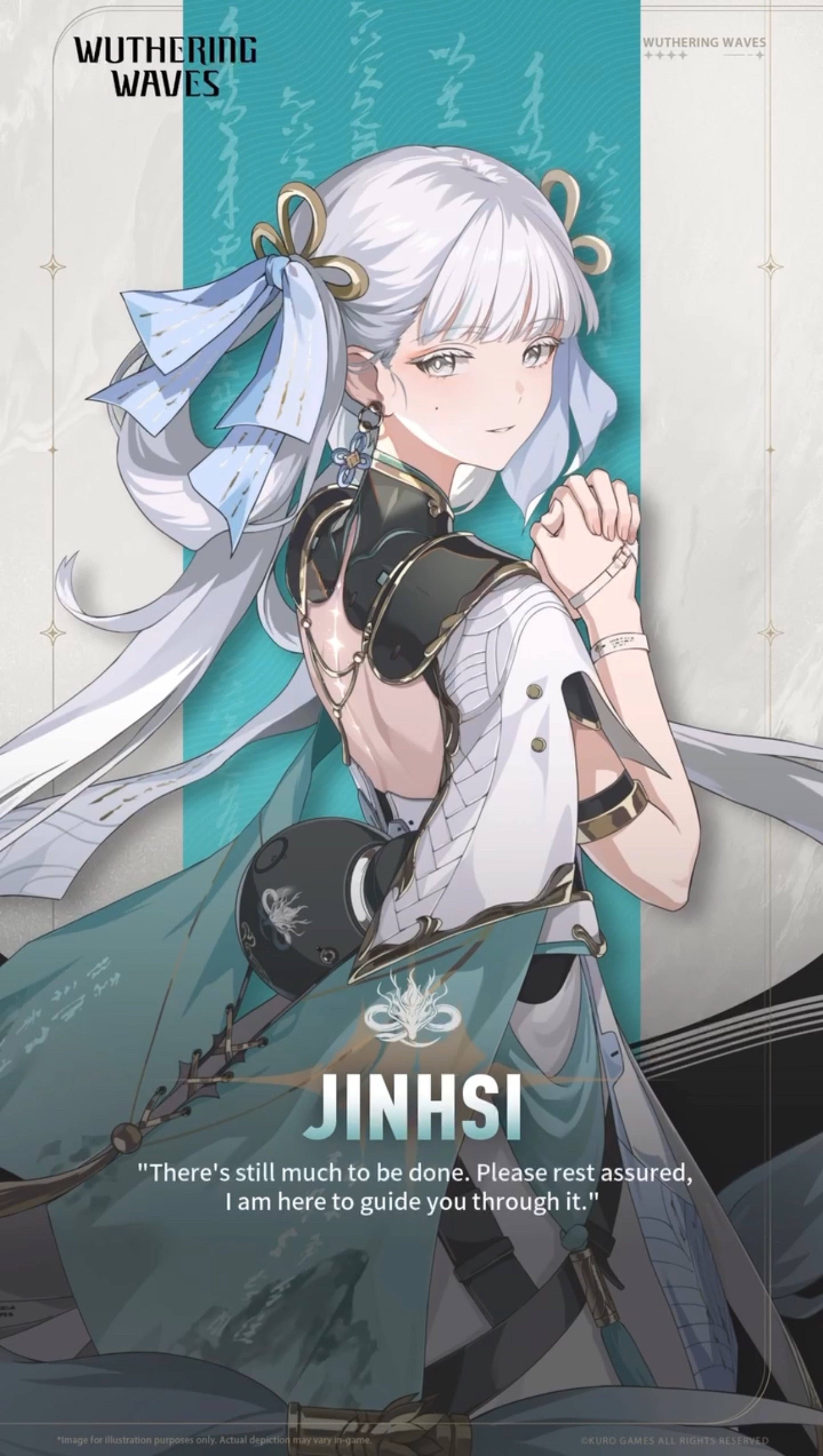 A young woman with silver-white hair wearing a military-style uniform and holding a weapon in a fantastical setting.