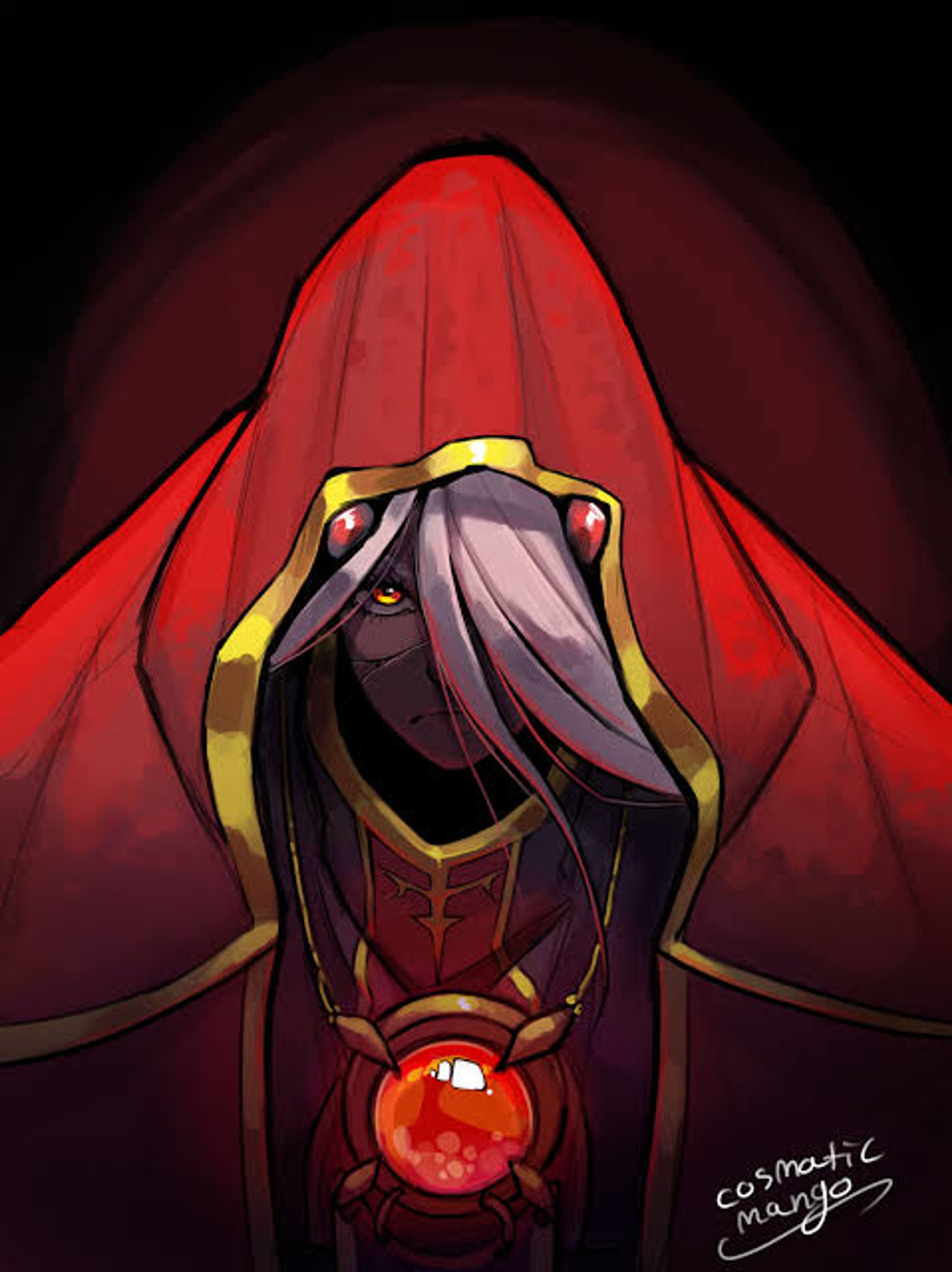 A powerful grey-skinned witch or sorceress wearing red robes and holding a glowing red orb