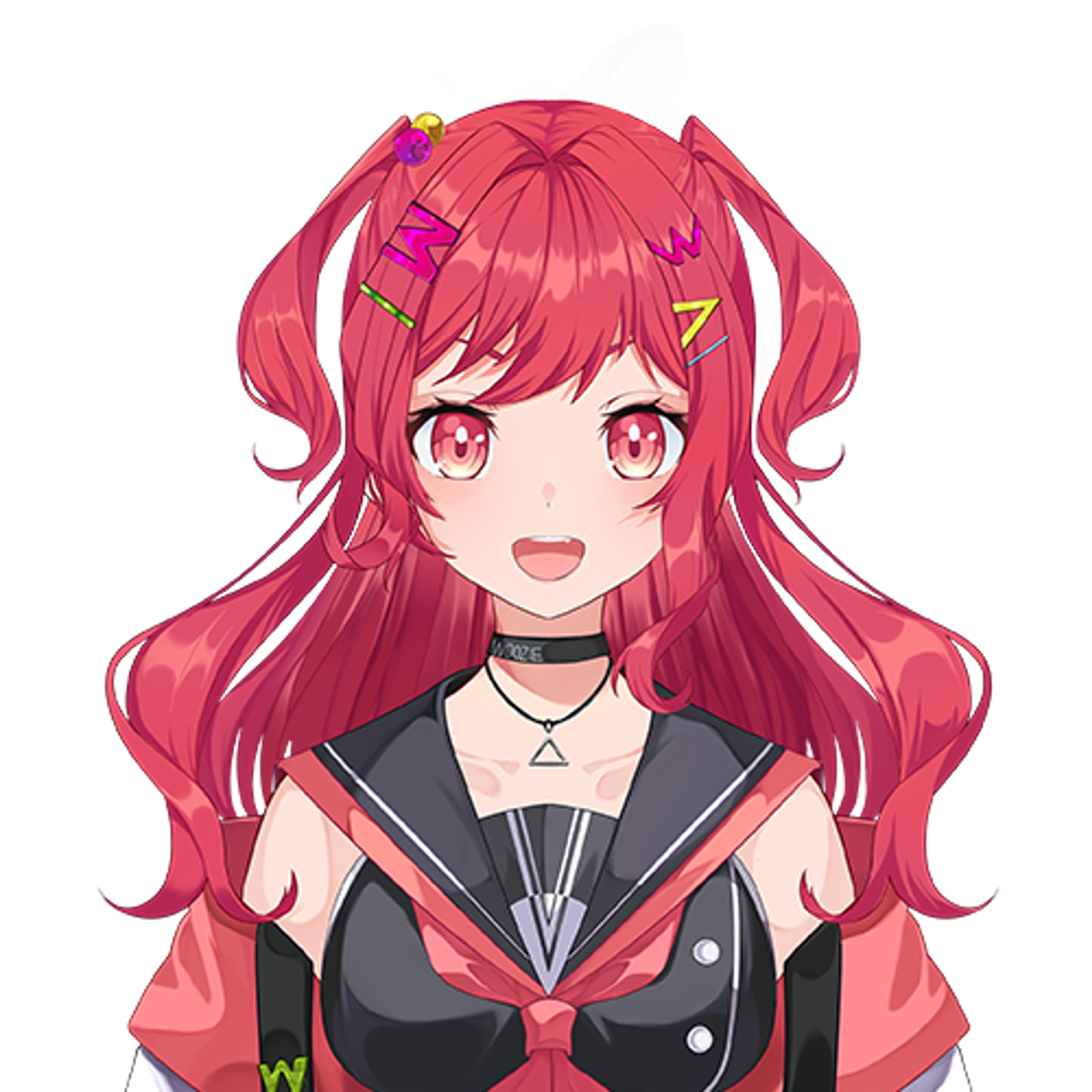 An anime-style character with pink hair in twin pigtails, wearing a black school uniform with a red bow tie.