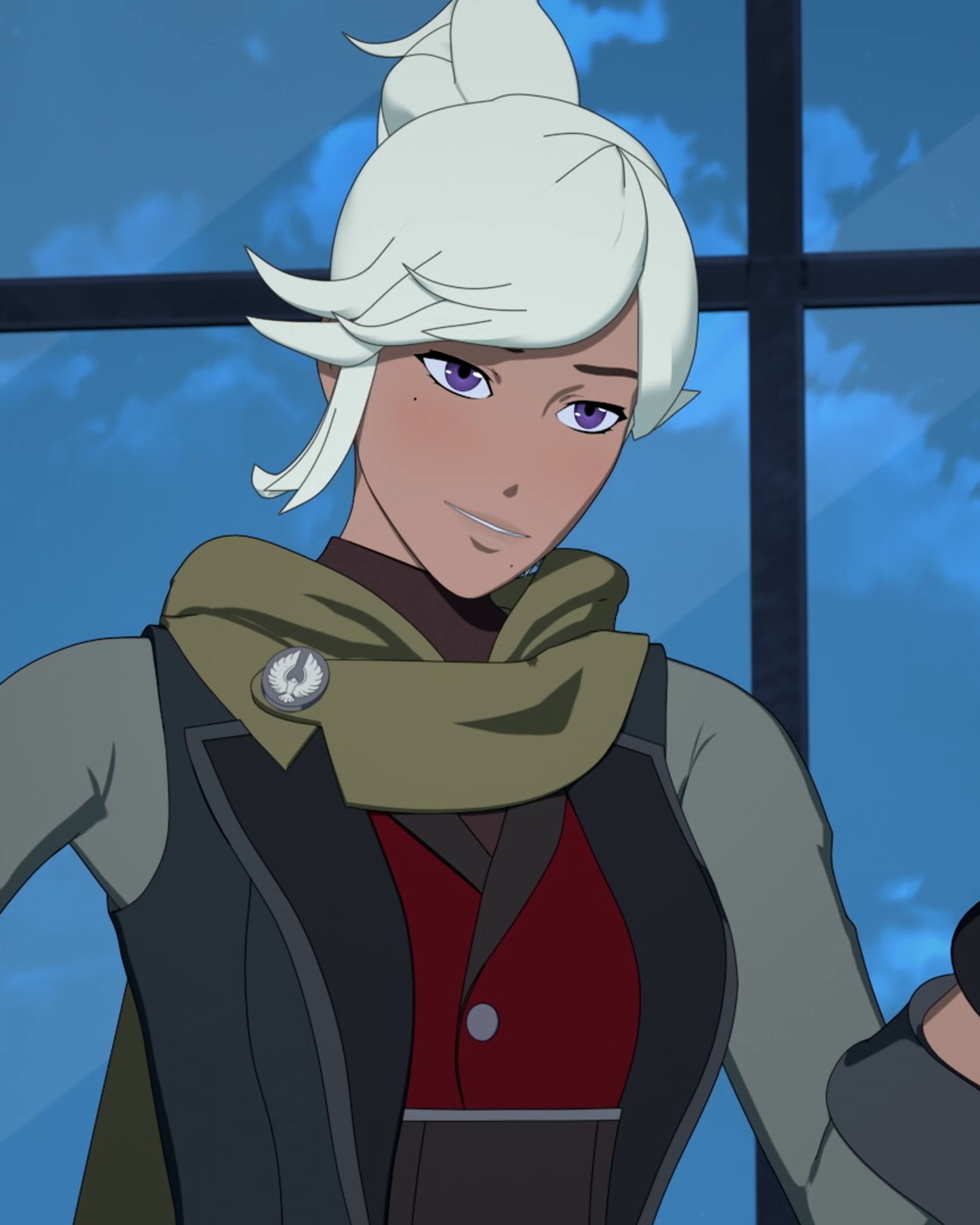 A young woman with short white hair and blue eyes, wearing a green military-style jacket and looking determined.