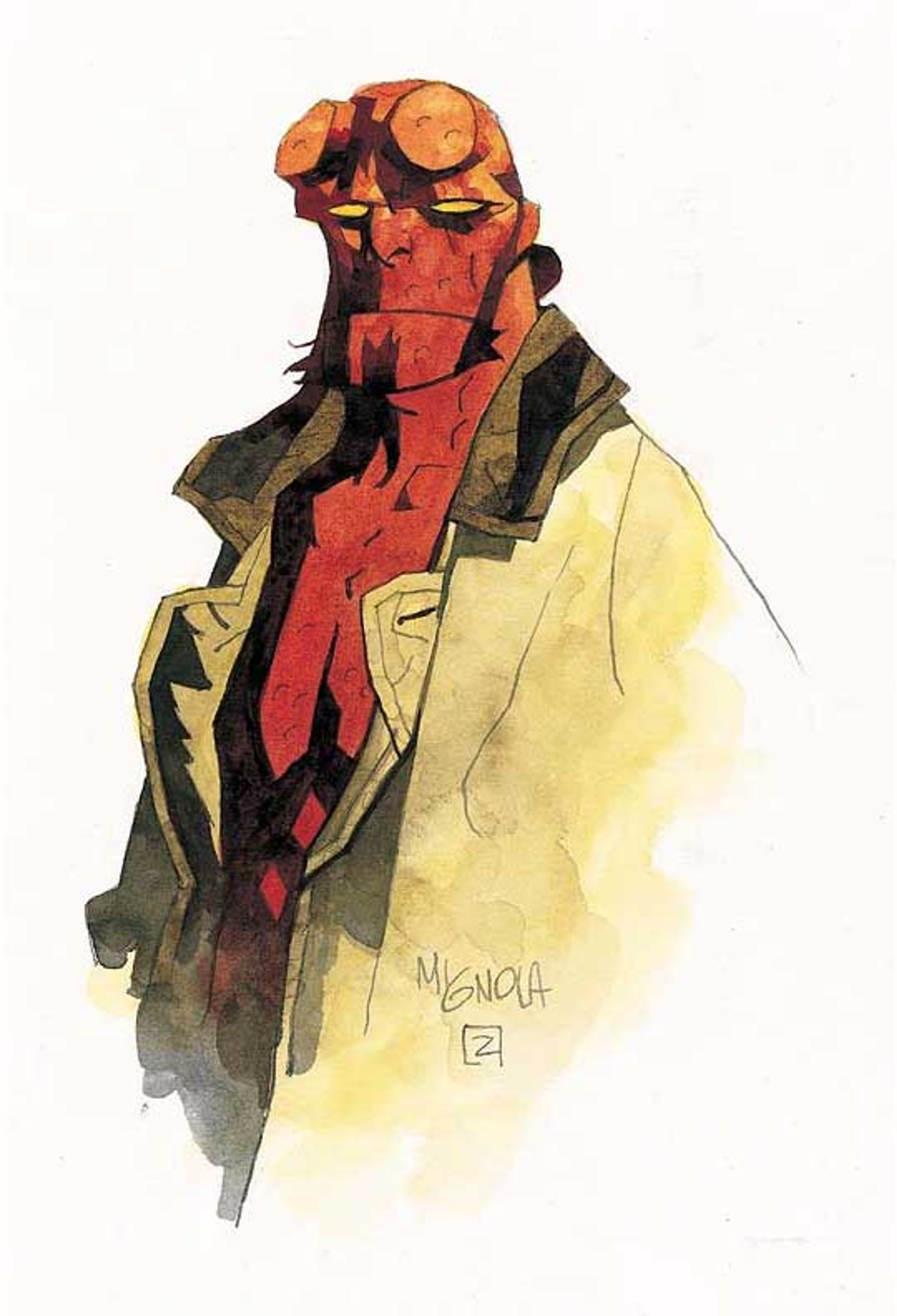 A red-skinned, horned humanoid figure with a large, stone-like right hand, wearing a dark coat and having a gruff expression.