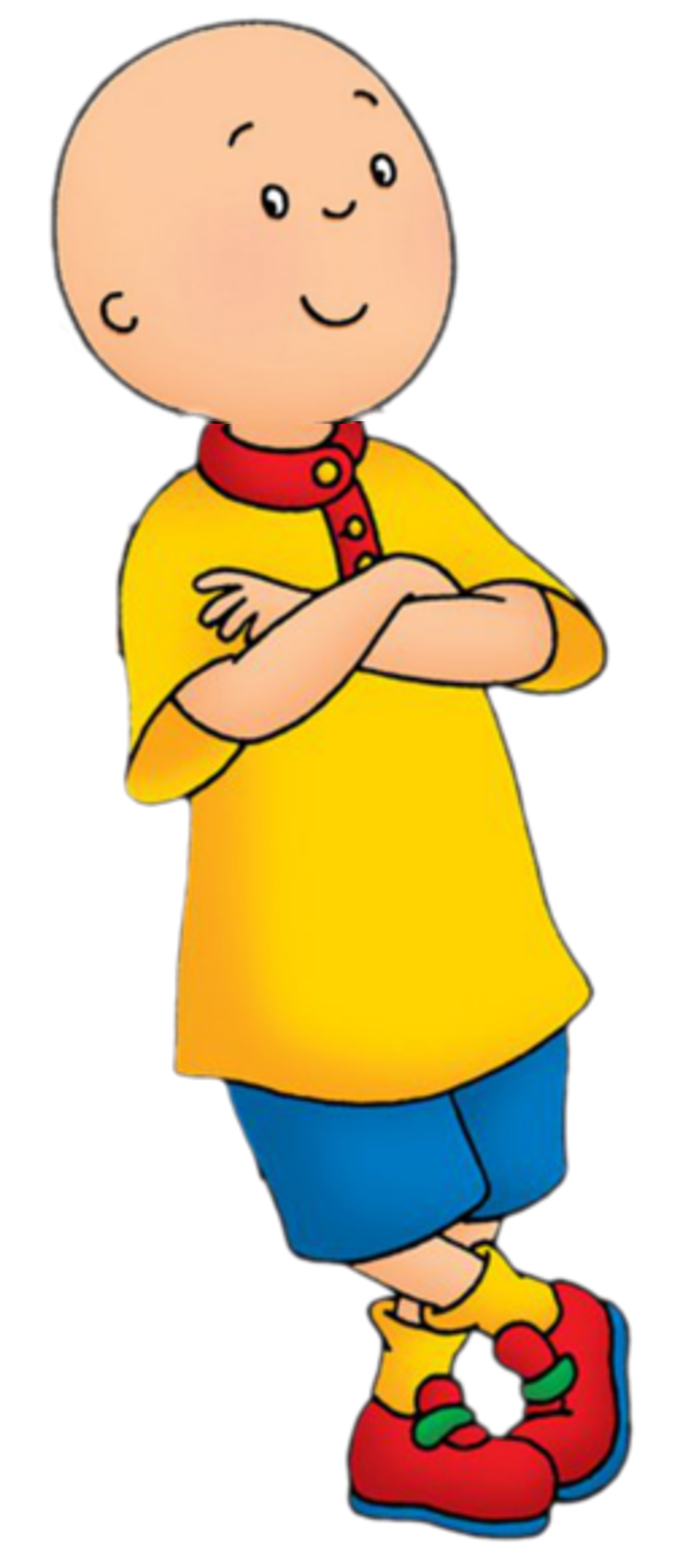 A cartoon character named Caillou, a 4-year-old bald boy with a yellow shirt and red buttons, standing with his arms crossed and a friendly expression.