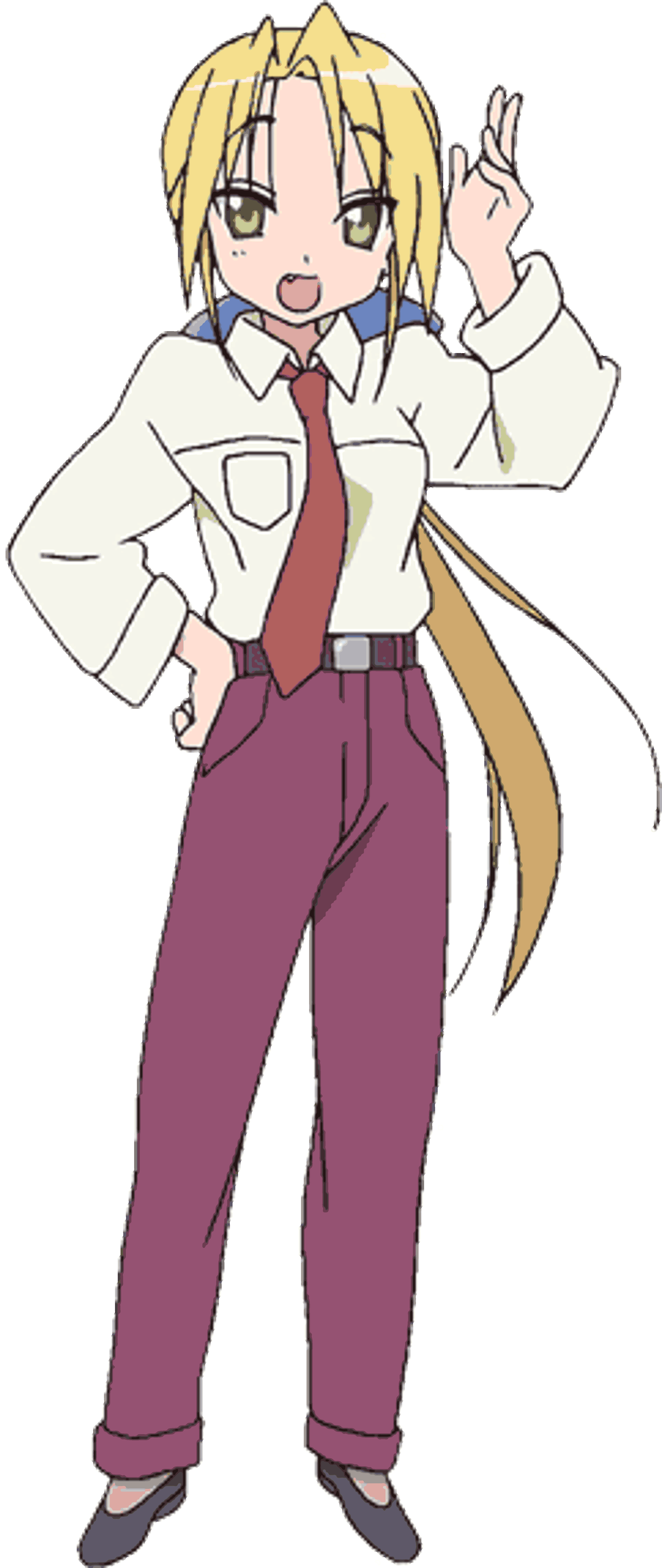 An anime-style character with long blonde hair, green eyes, and a sharp tooth, wearing a white shirt and pink pants.