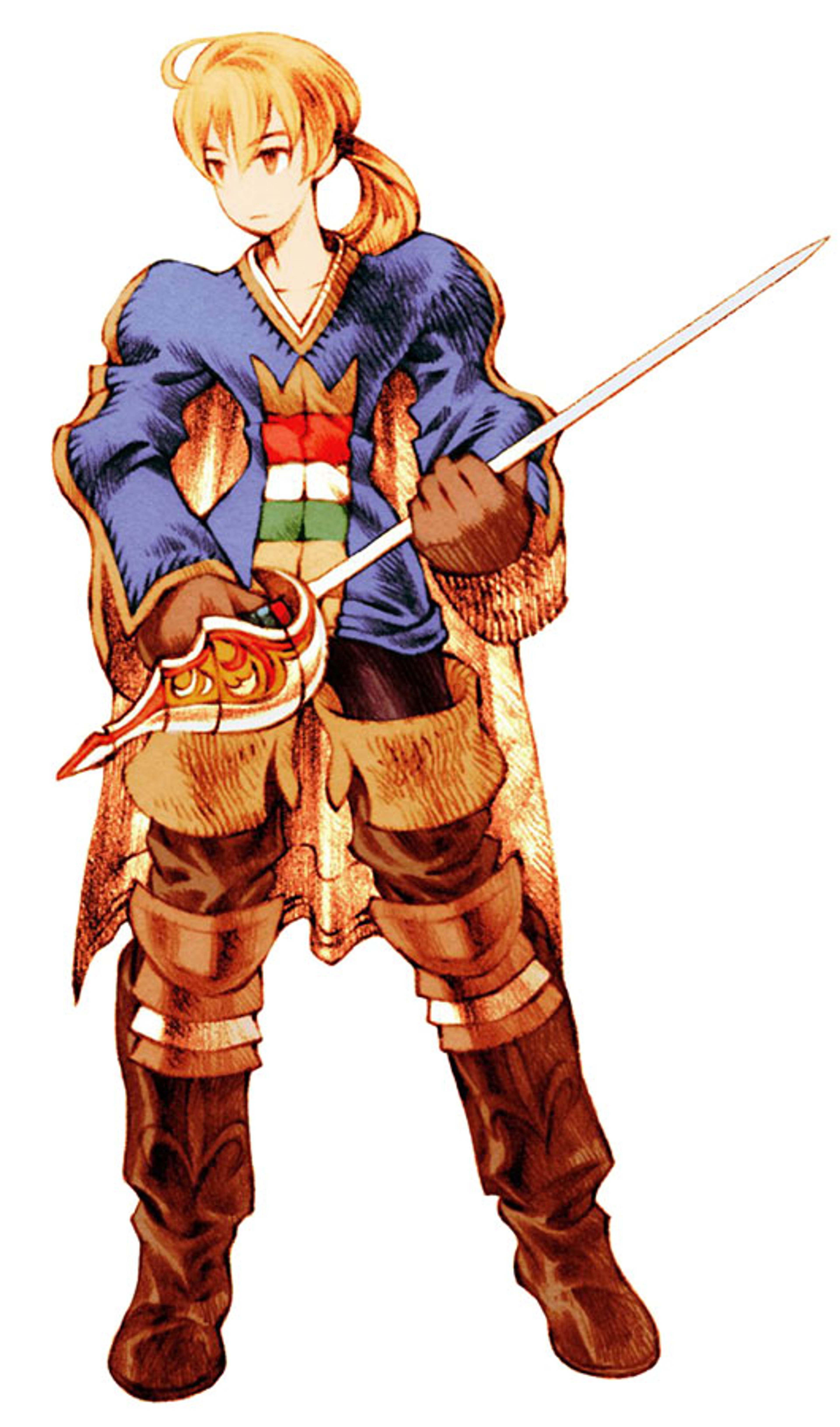 A young man with long blonde hair, wearing a blue jacket and brown pants, carrying a sword.