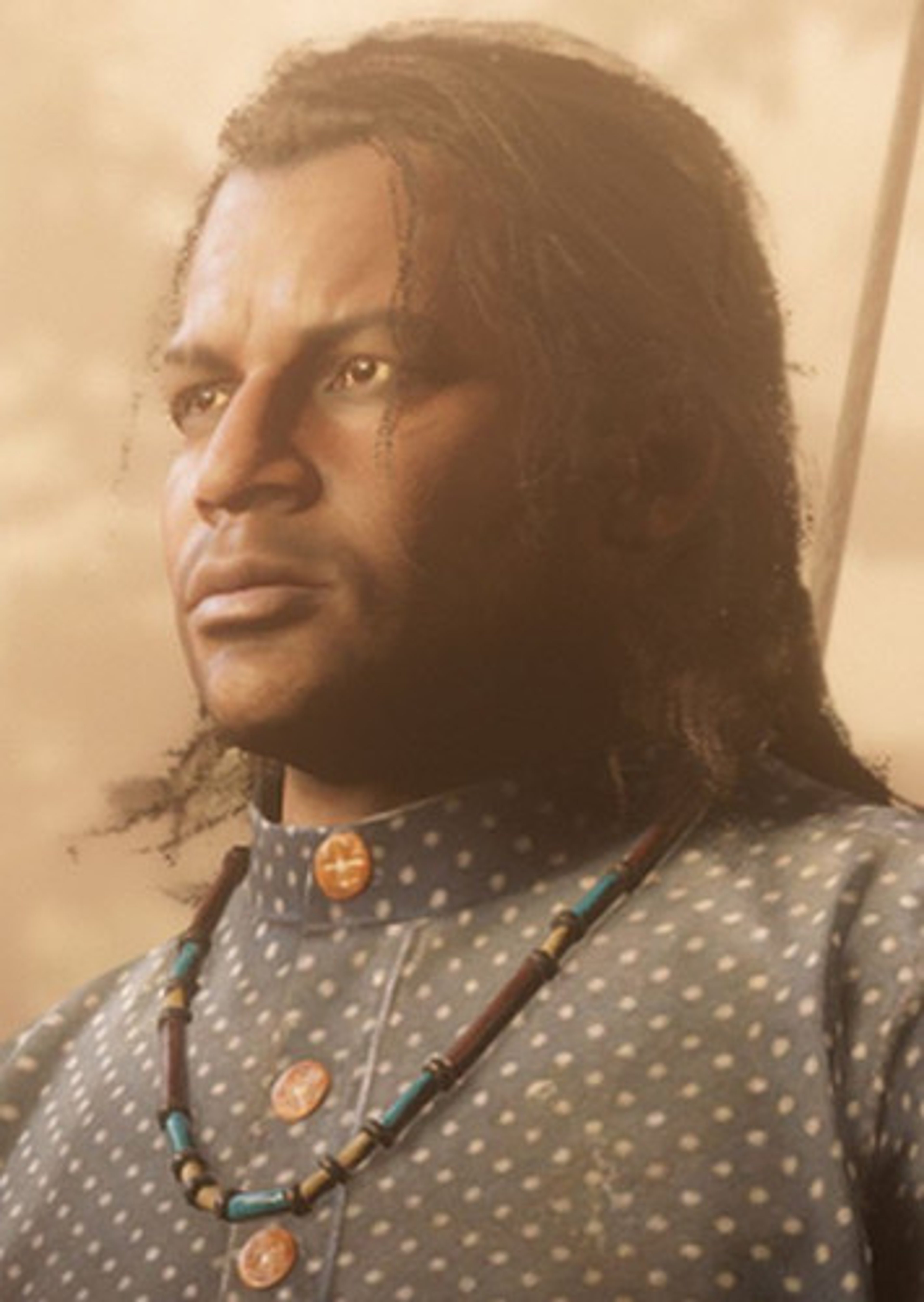 A Native American man with long dark hair and a serious expression, wearing a gray polka dot shirt and a necklace.