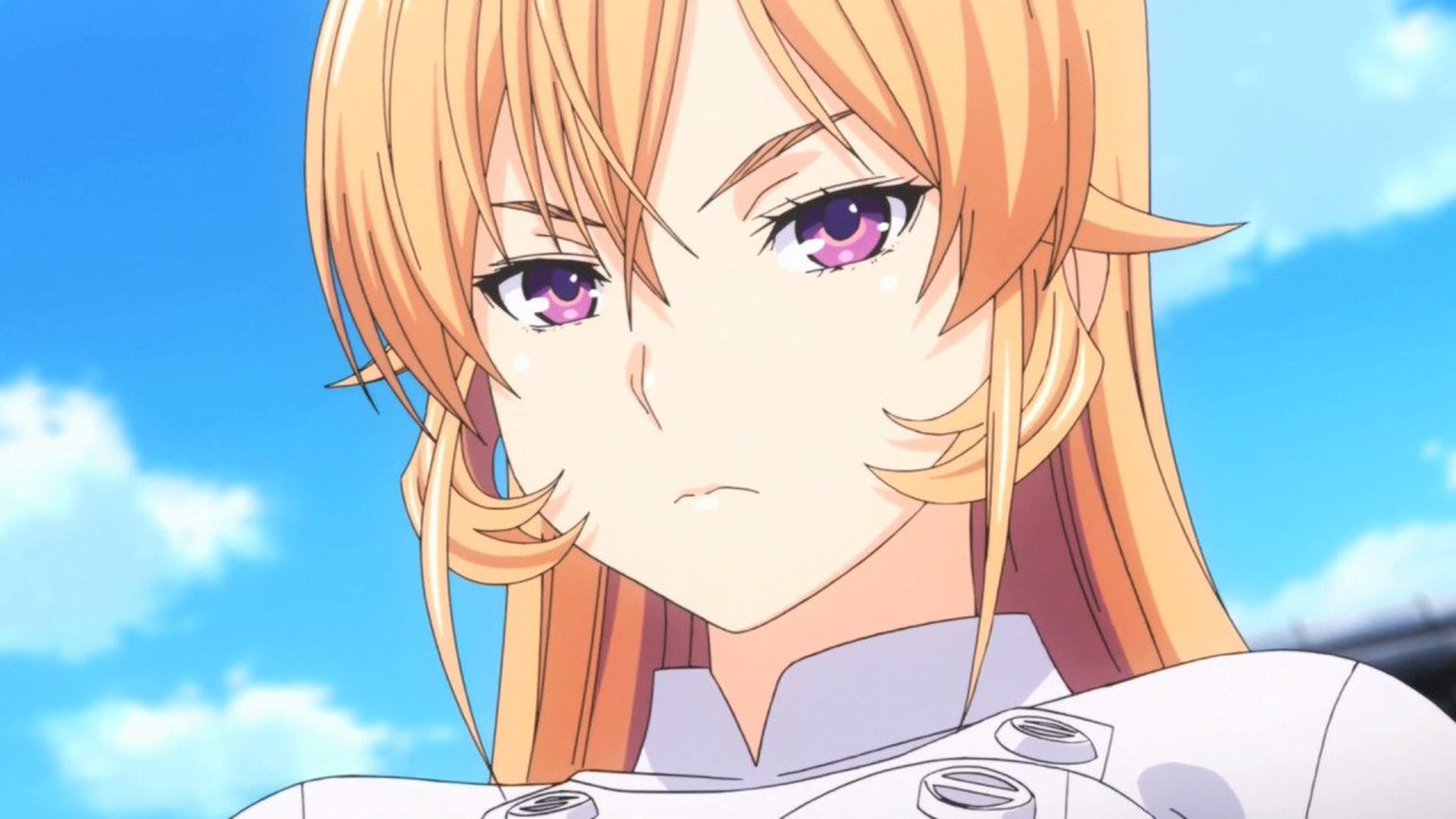 An anime-style character with orange hair and purple eyes wearing a white uniform