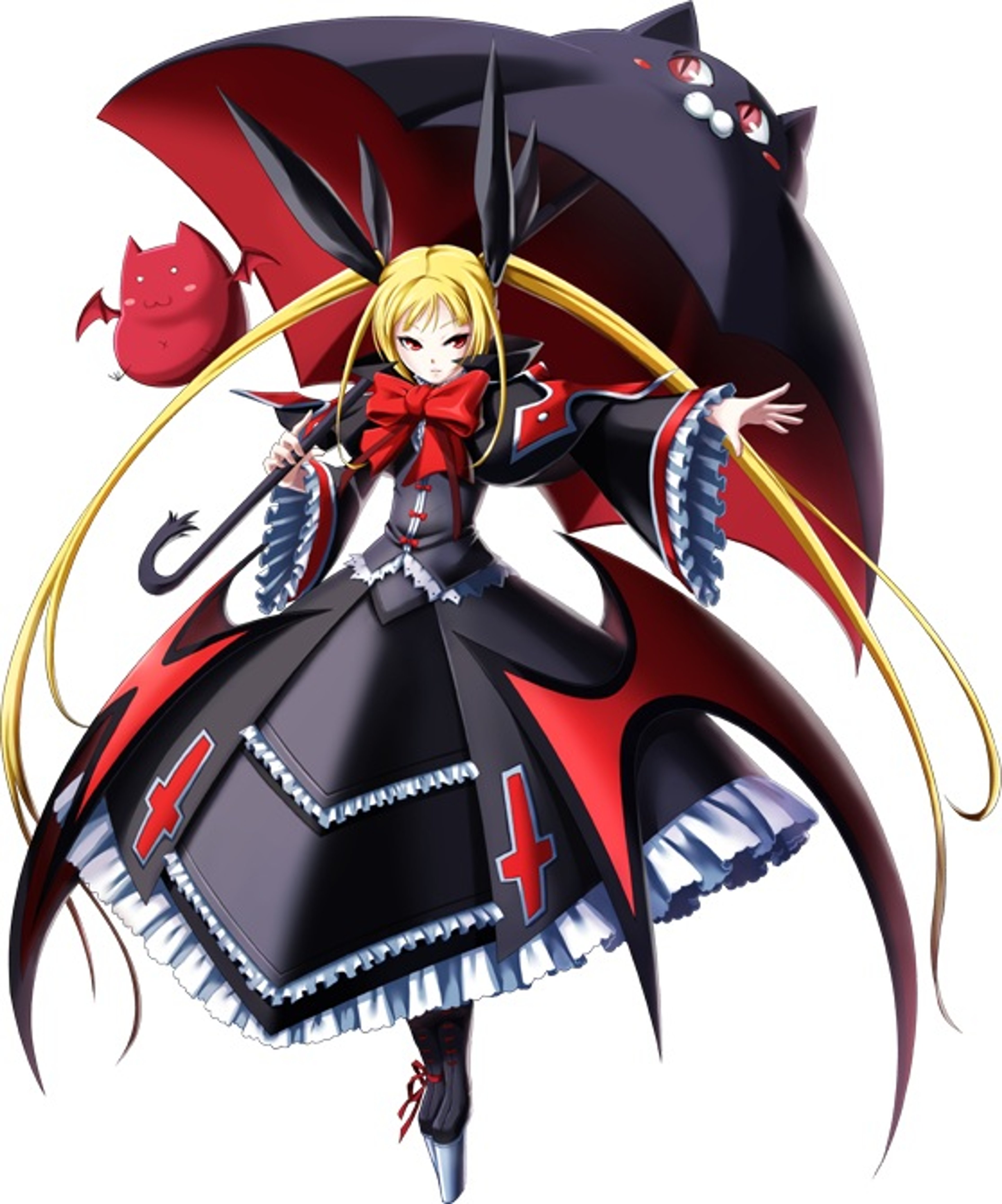 A powerful vampire character named Rachel Alucard, with pale skin, long blonde hair, and red eyes, wearing a gothic lolita-inspired dress and surrounded by wind and lightning magic.