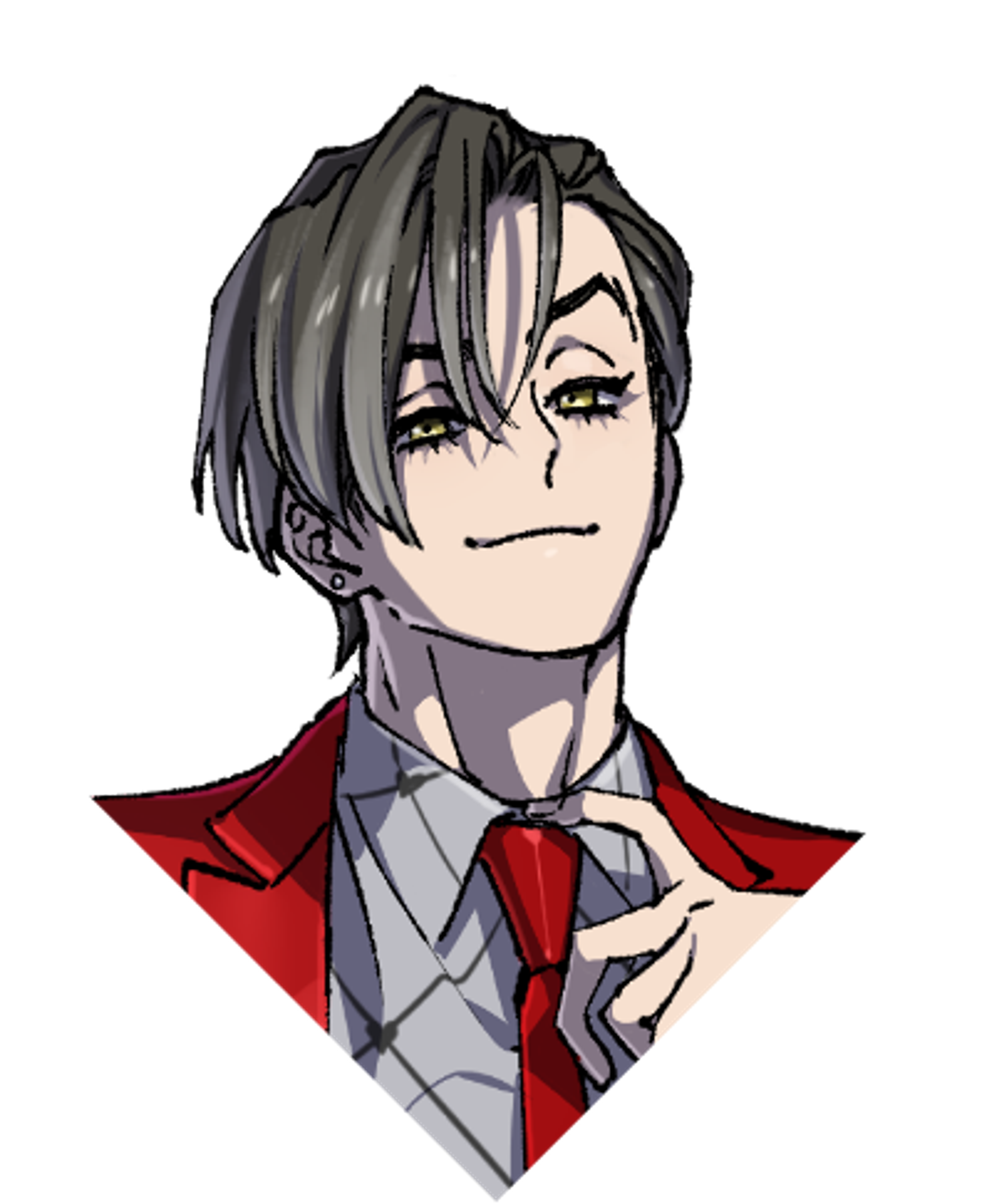 A young man with dark grey hair and amber eyes wearing a red tie and grey suit, with a charming expression on his face.