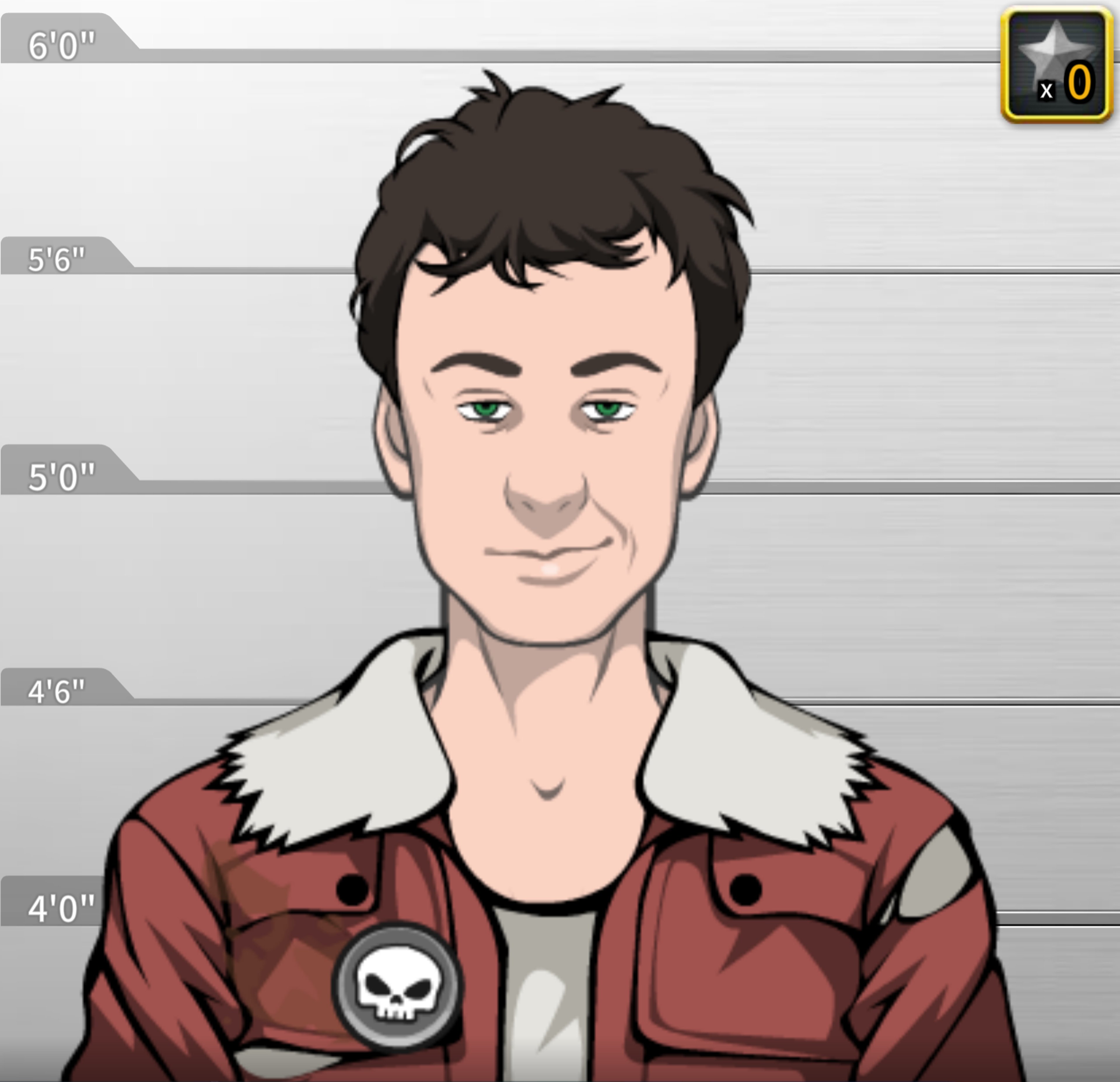 A young man with messy black hair, green eyes, and a torn red jacket with white fur trim.