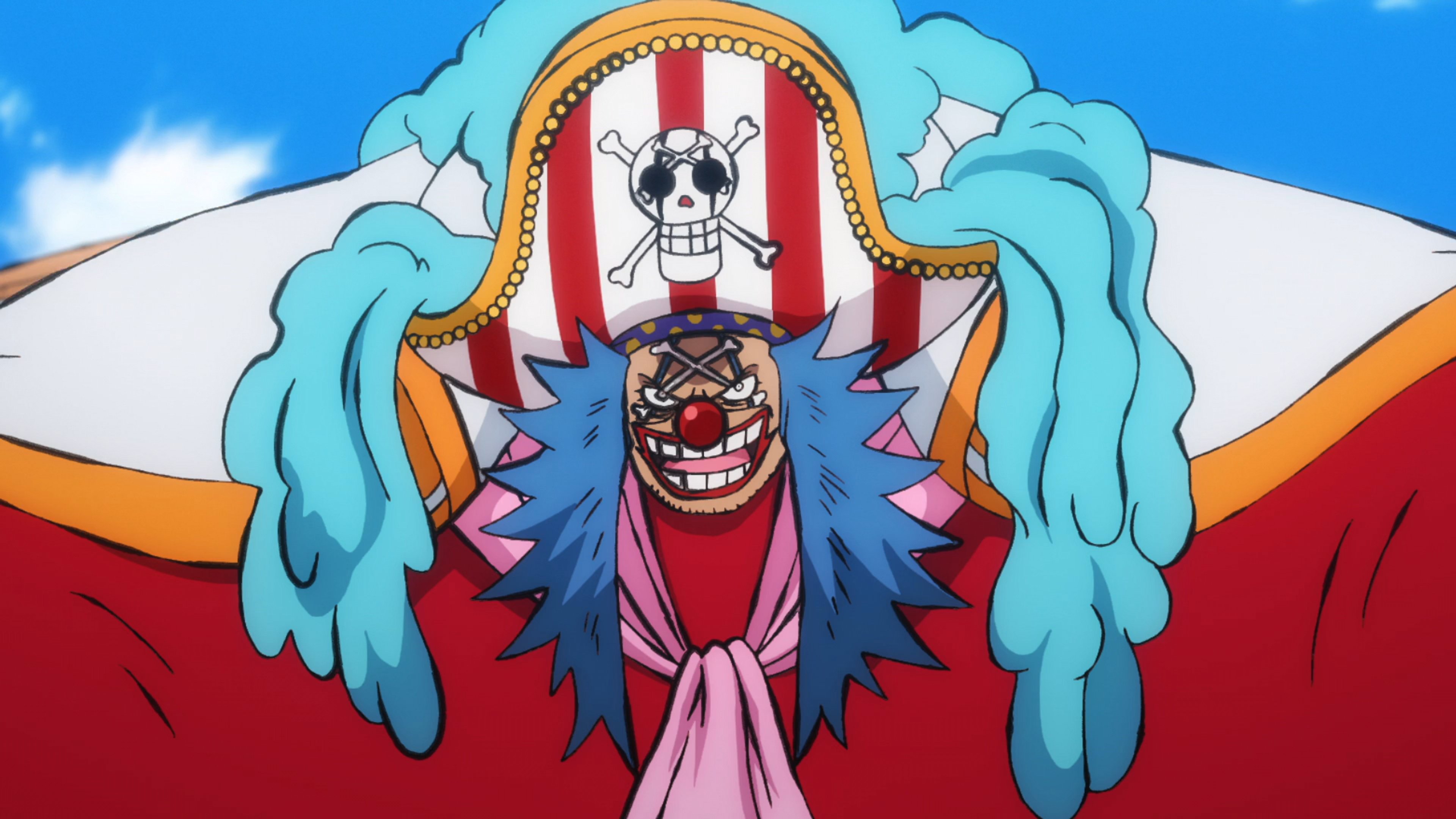 A colorful, cartoonish clown-like character with a divided body