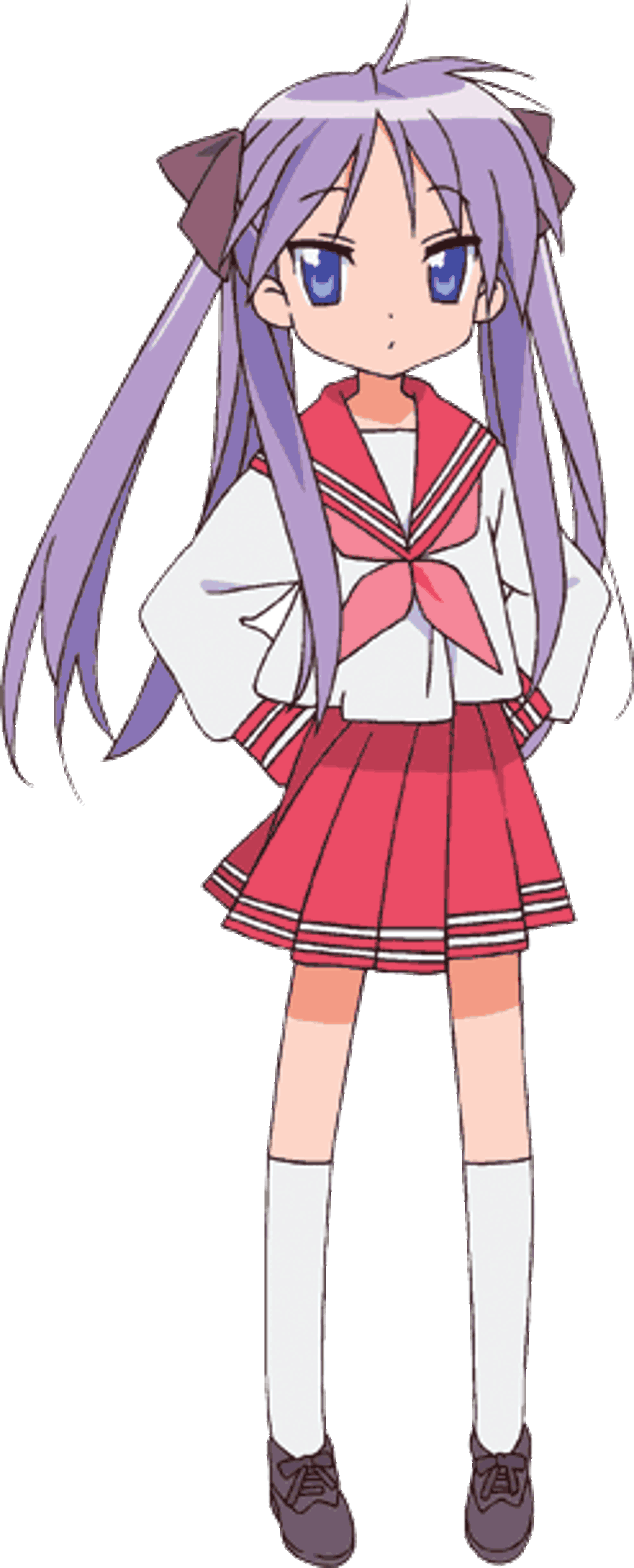 An anime-style character with purple hair and a red and white school uniform