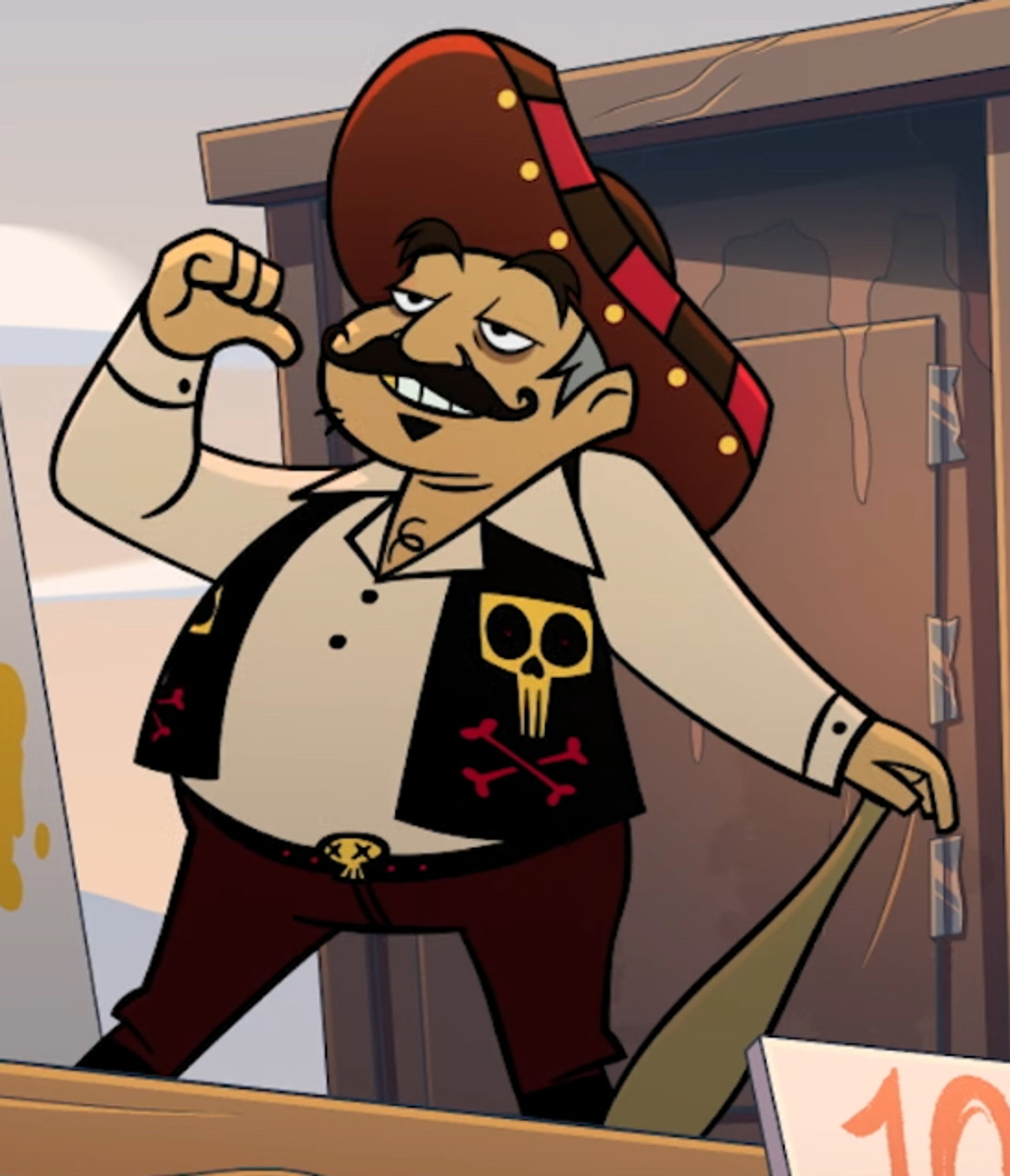 A rugged, middle-aged man with a mustache and goatee, wearing a red bandana and a black shirt with a skull design.