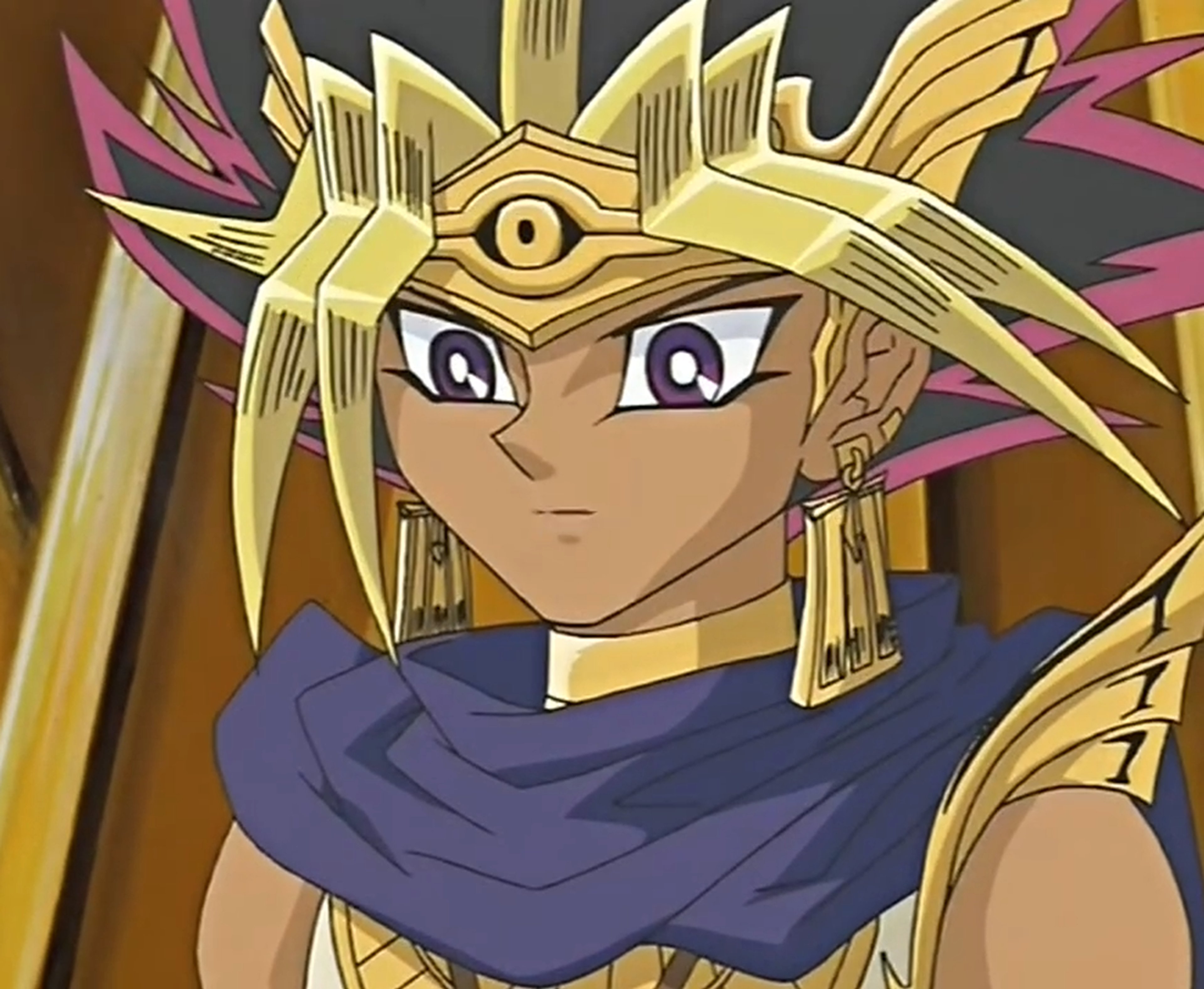 An anime-style character with golden hair and red eyes, wearing a purple cloak and appearing to be an ancient Egyptian pharaoh.