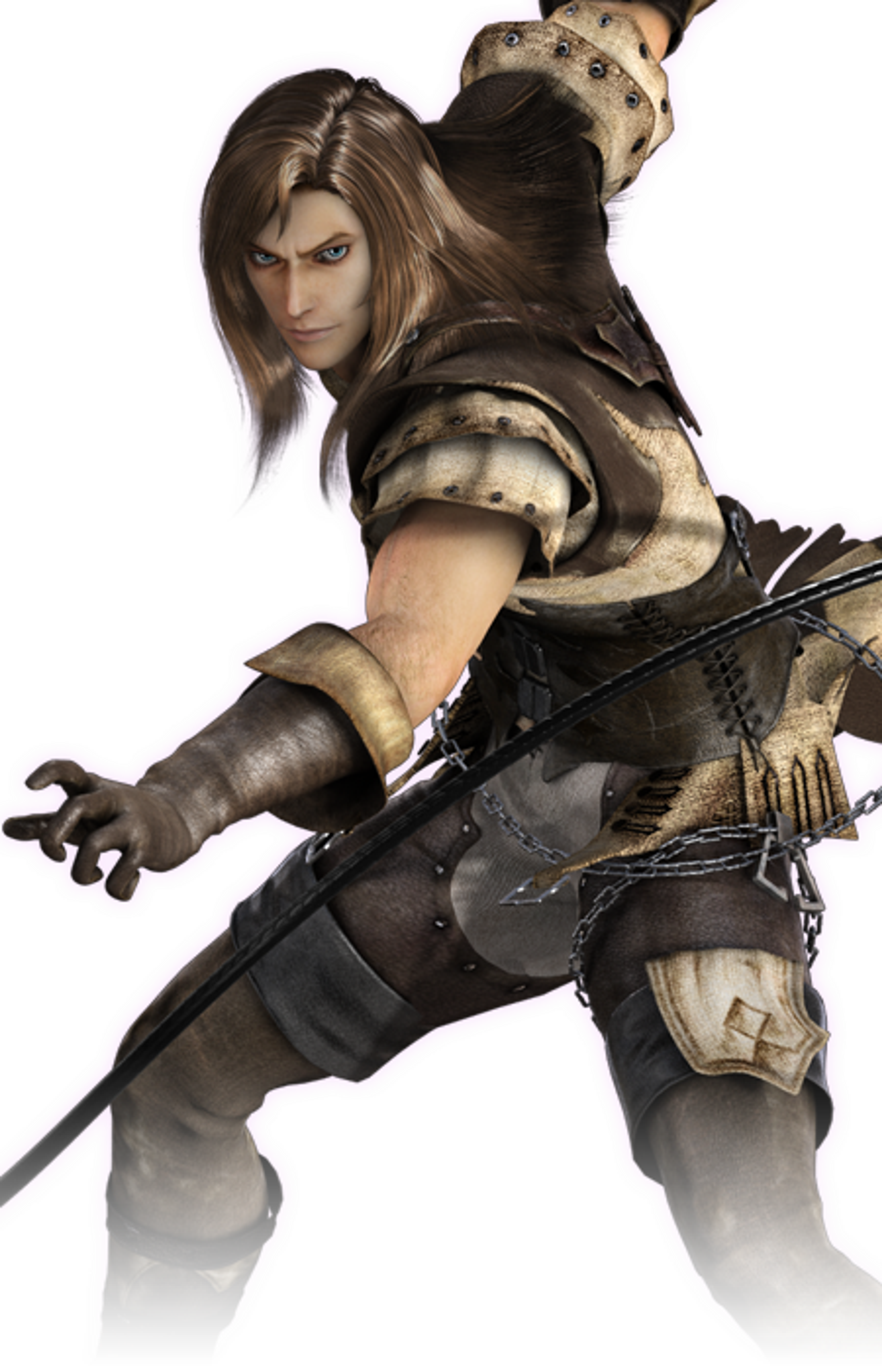 A male character with long brown hair and a scar over one eye, wielding a whip-like weapon.