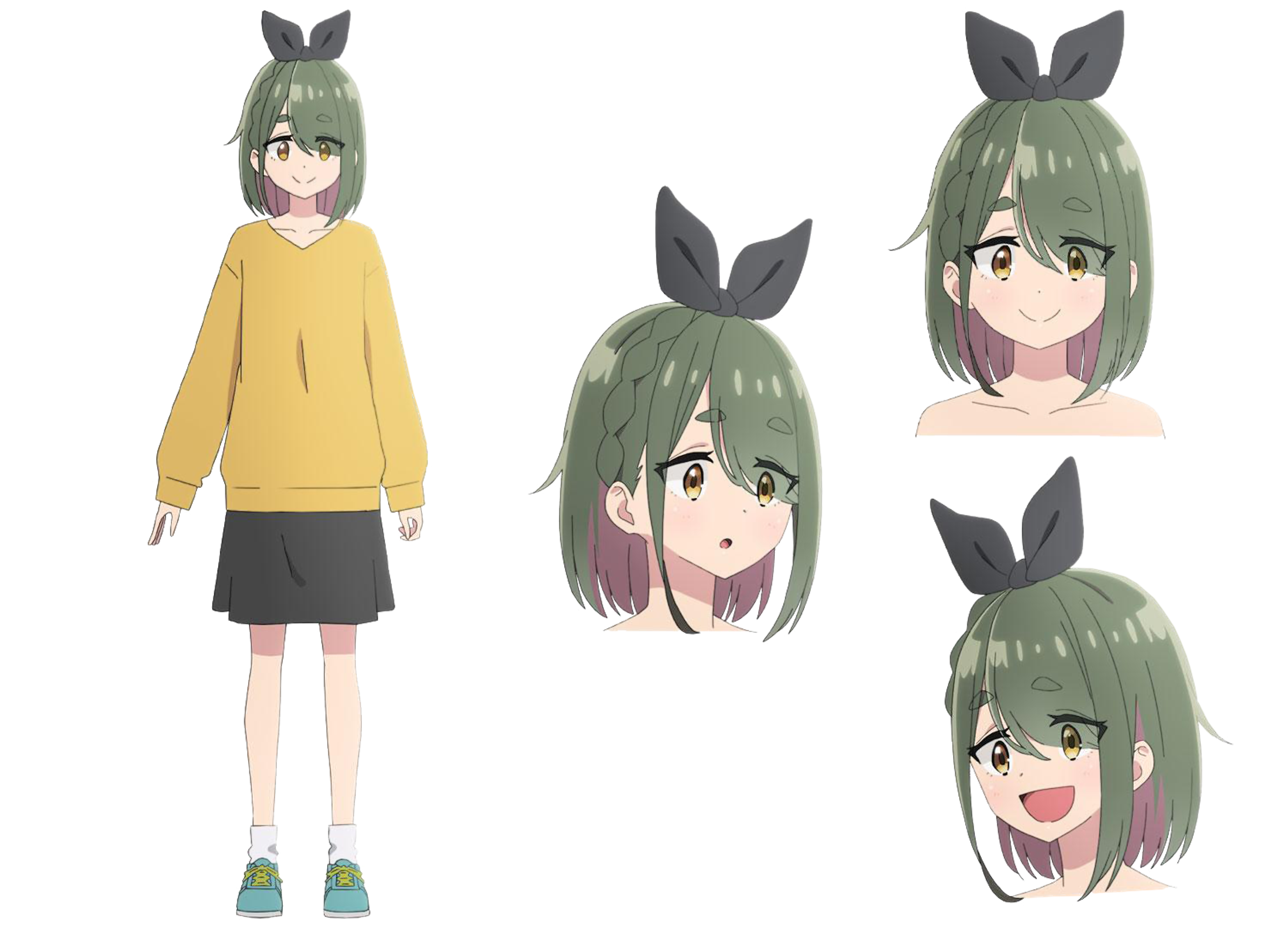 An anime-style character with green hair and a bow, wearing a yellow sweater and dark skirt.