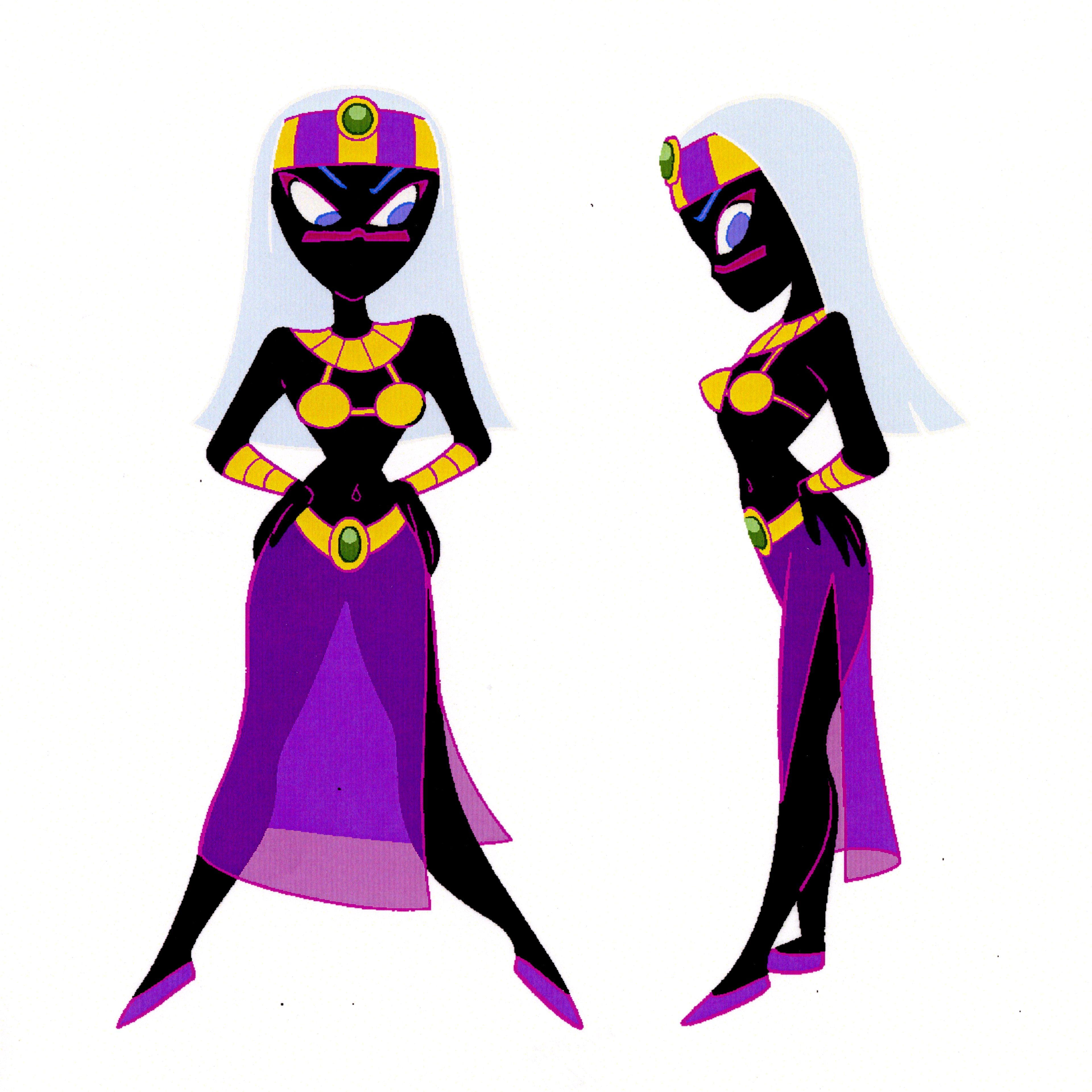 A powerful and regal female character in a purple dress and distinctive headpiece, standing in a commanding pose.