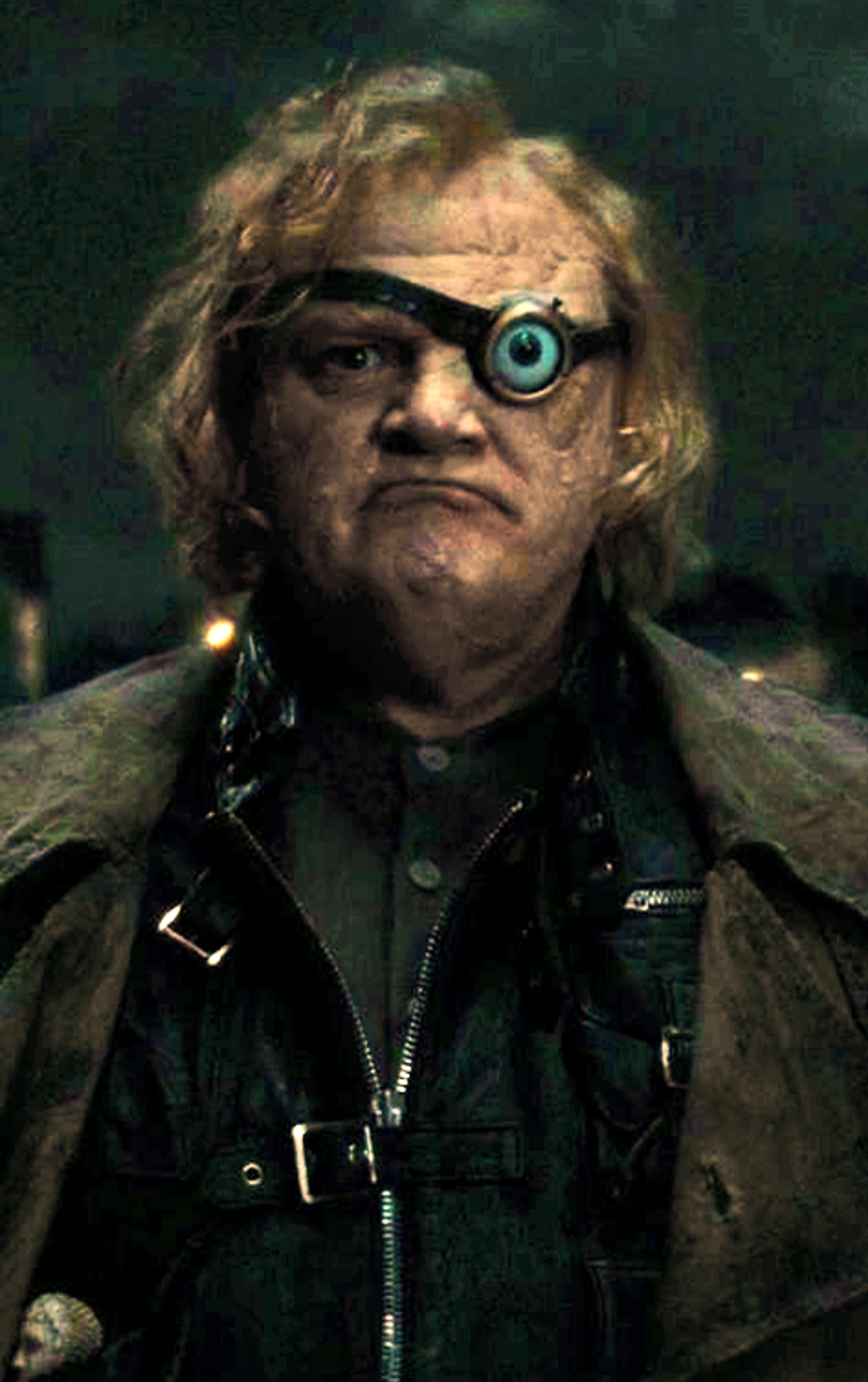 A grizzled, scarred man with a magical prosthetic eye