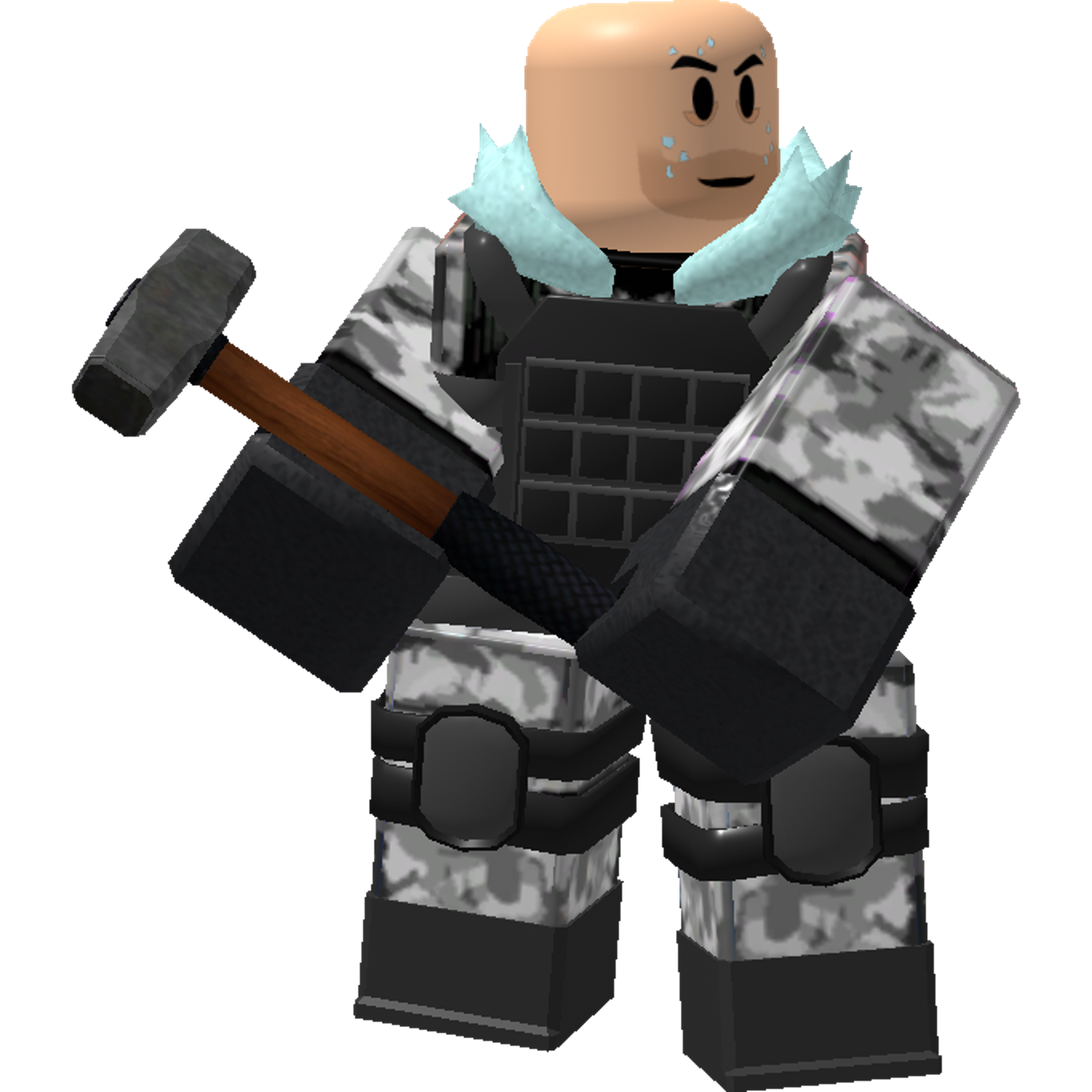 A heavily armored, muscular character wielding a large sledgehammer