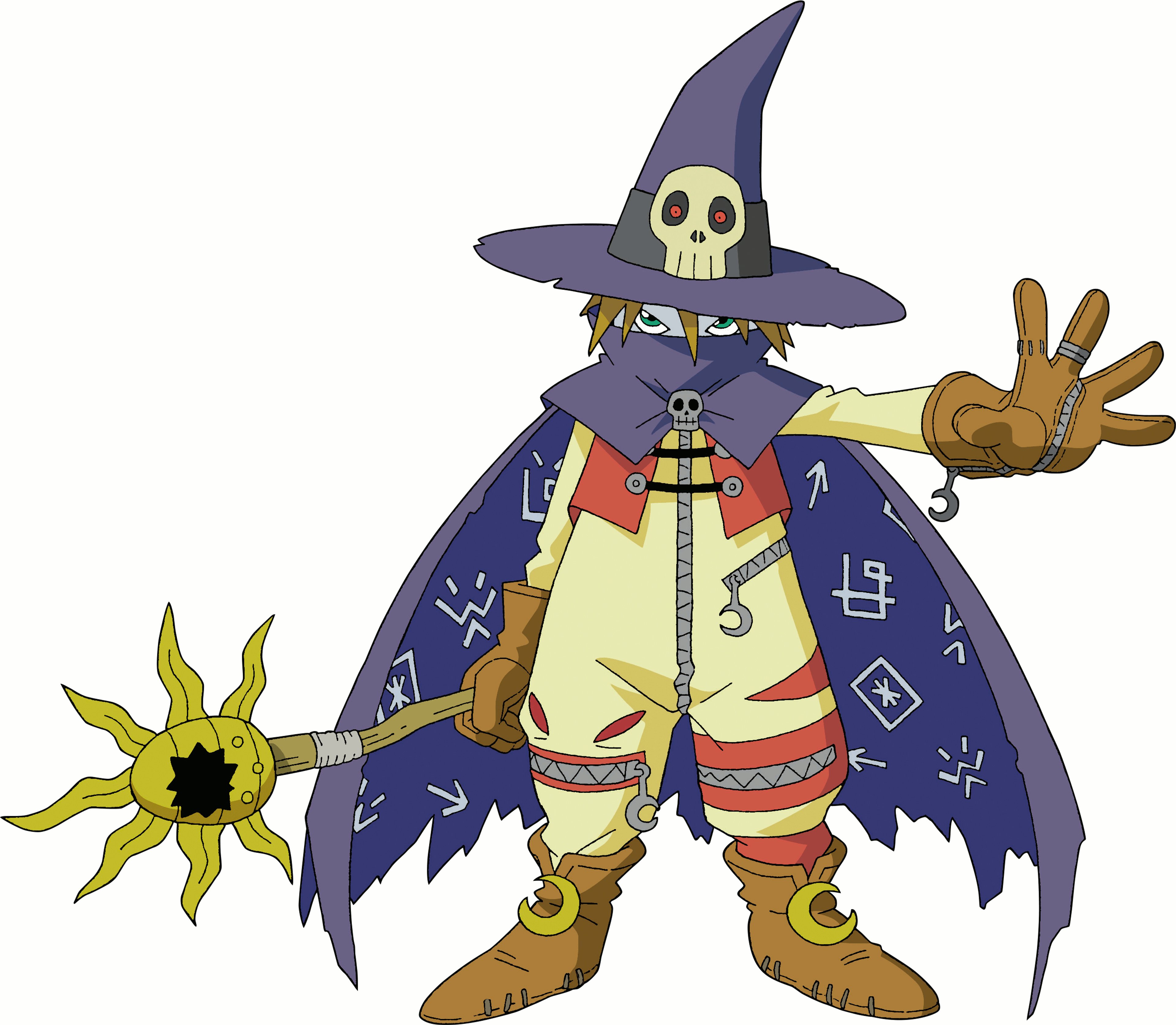 A mysterious, magical character named Wizardmon wearing a purple cloak and hat with a skull design, holding a staff with a sun-like symbol.