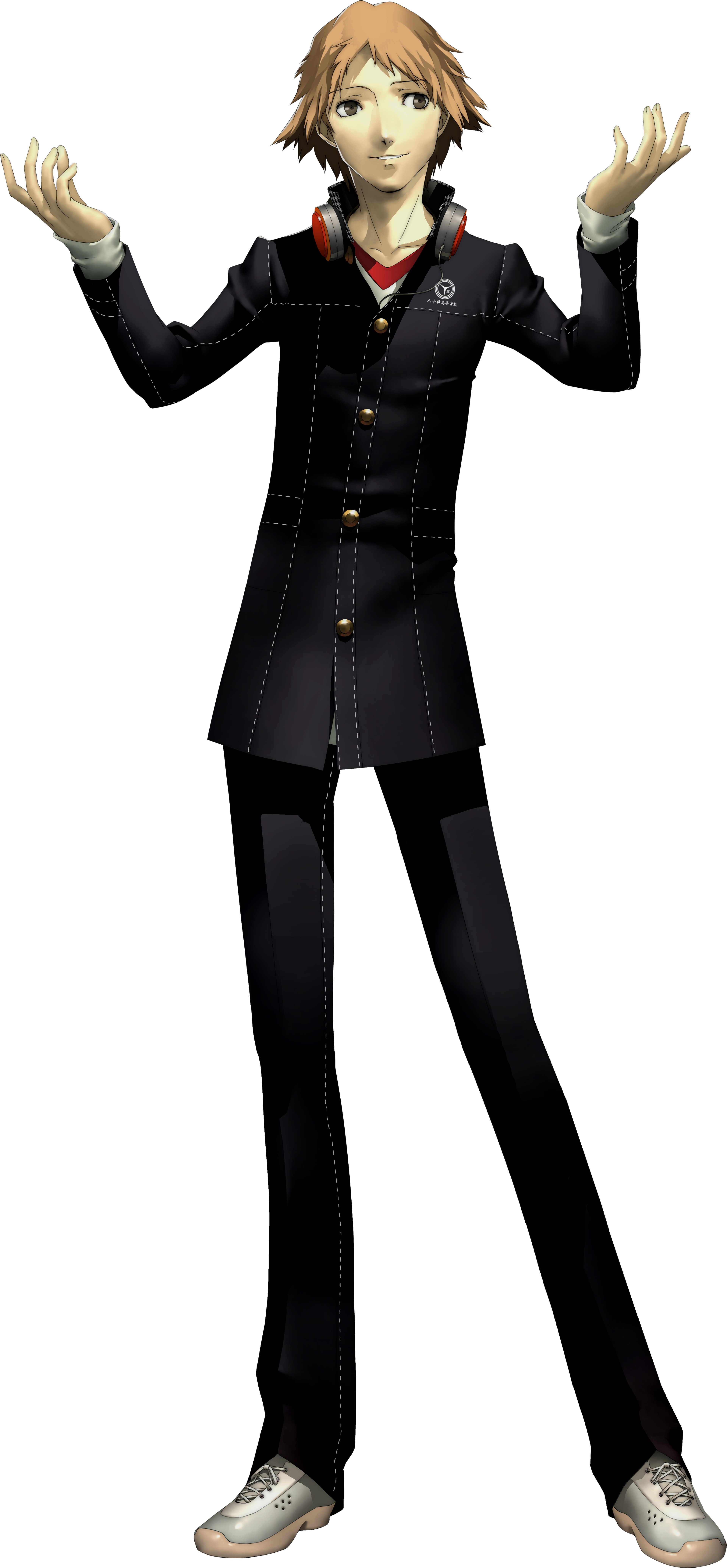 A young man with short light hair wearing a black outfit and gesturing with his hands