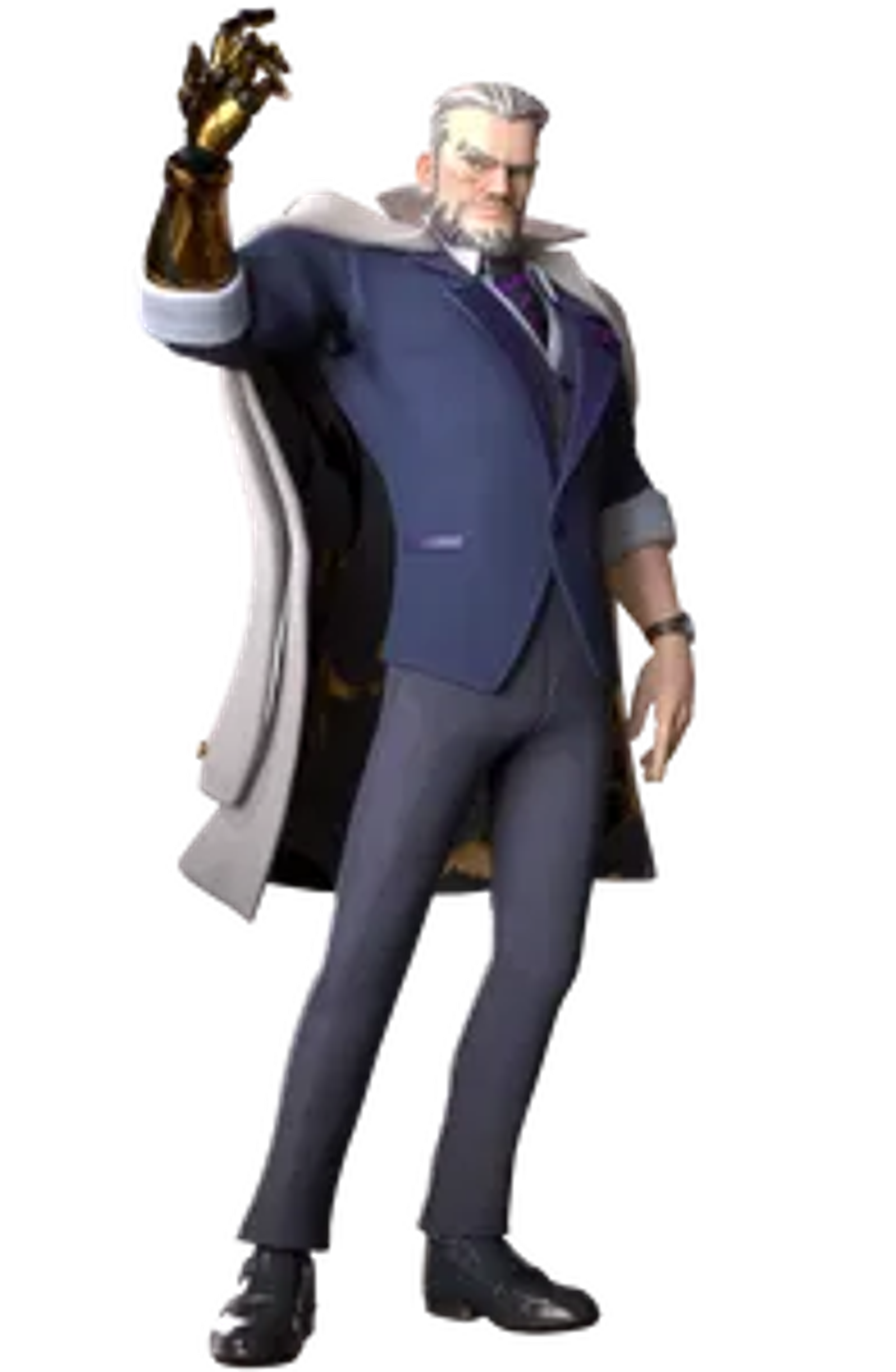 An older, stern-looking man in a dark suit holding a golden scepter or staff