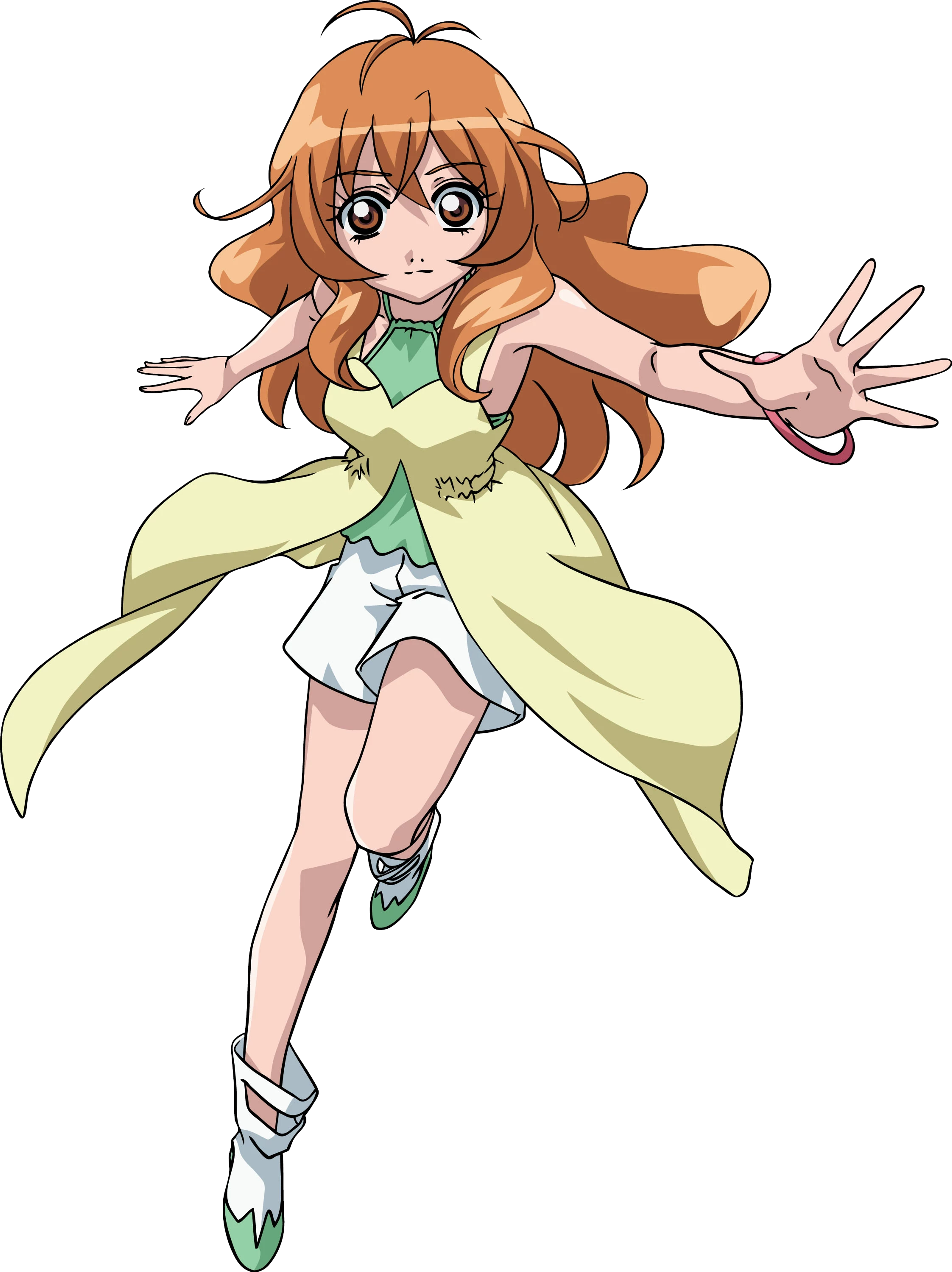 An anime-style character with long, ginger-orange hair and warm hazel-brown eyes, wearing a green dress and in a dynamic pose.