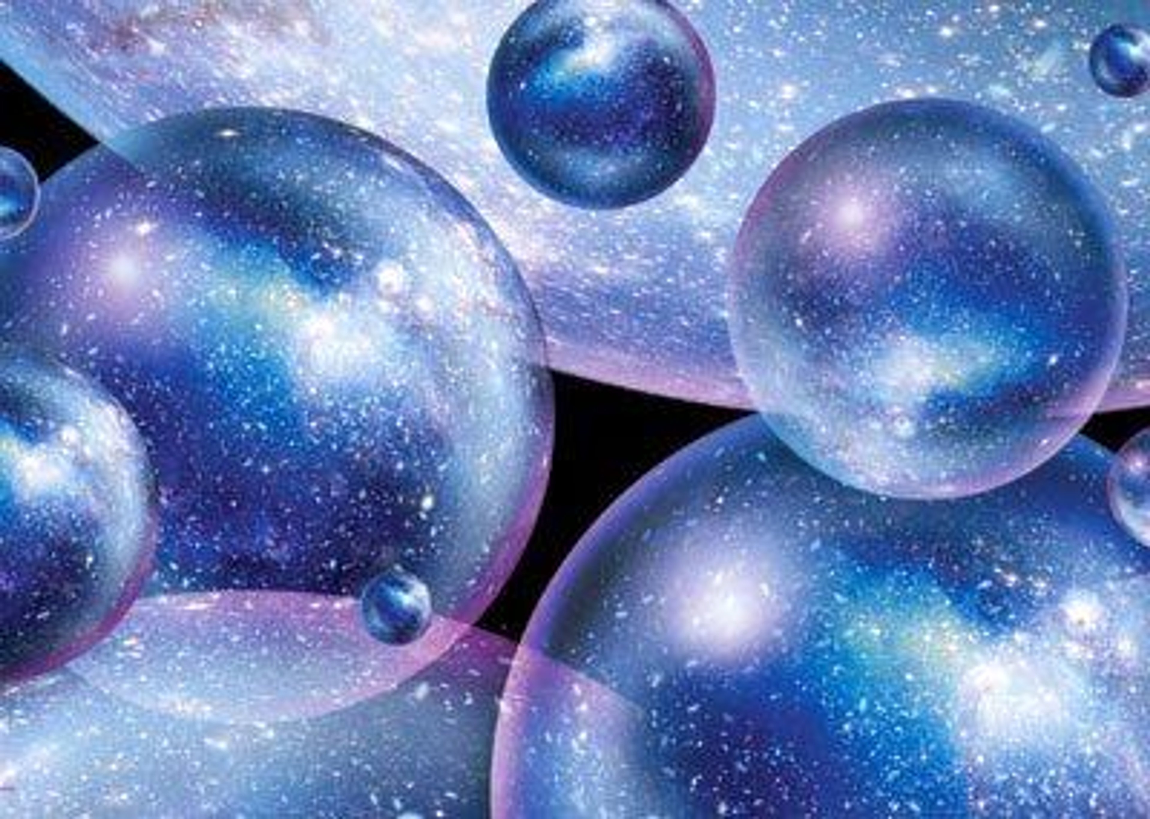 Surreal, cosmic scene with multiple floating, glassy spheres containing swirling, colorful patterns and galaxies.