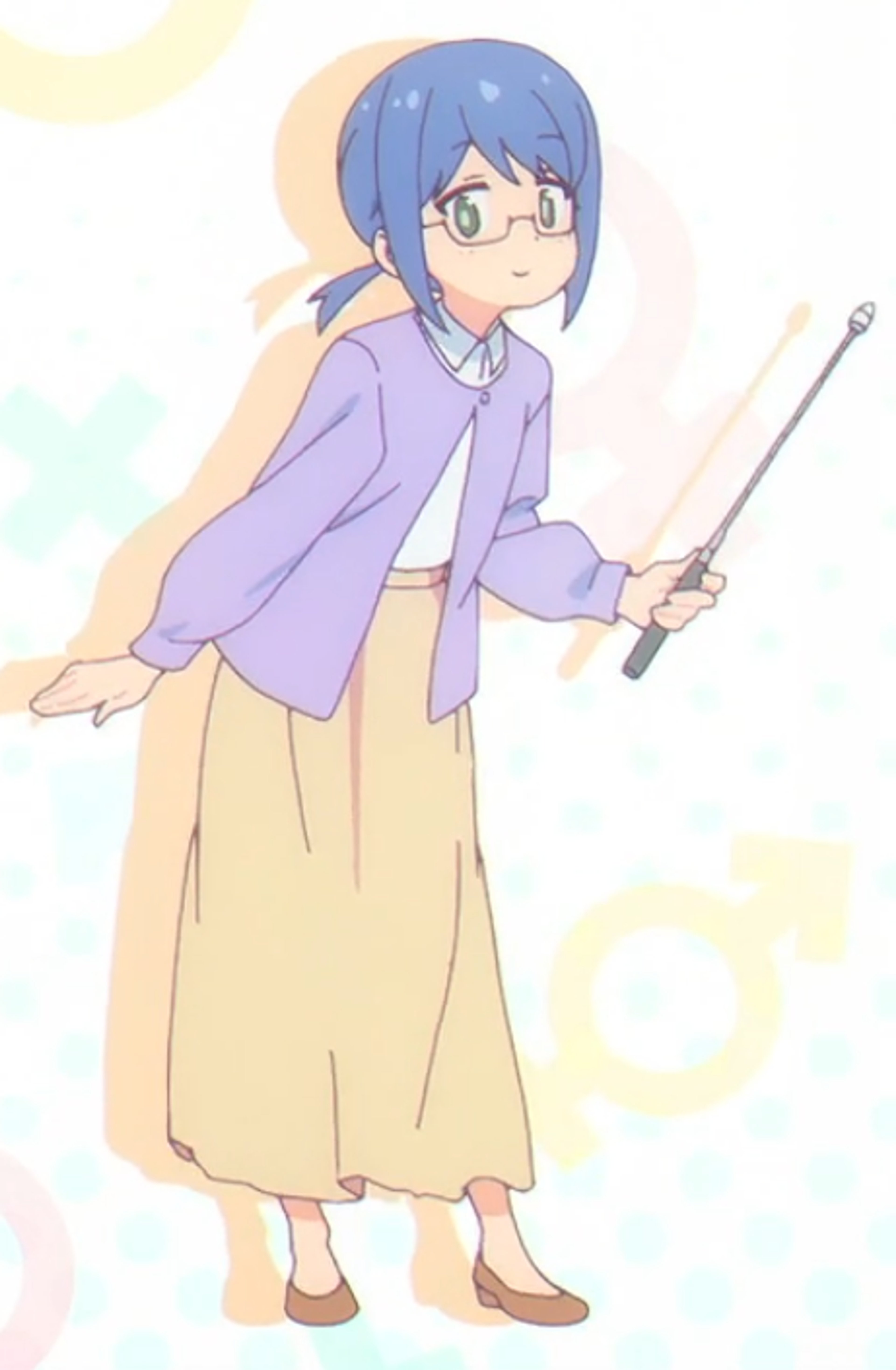An anime-style character with blue hair wearing a purple jacket and tan skirt, holding a wand or staff.