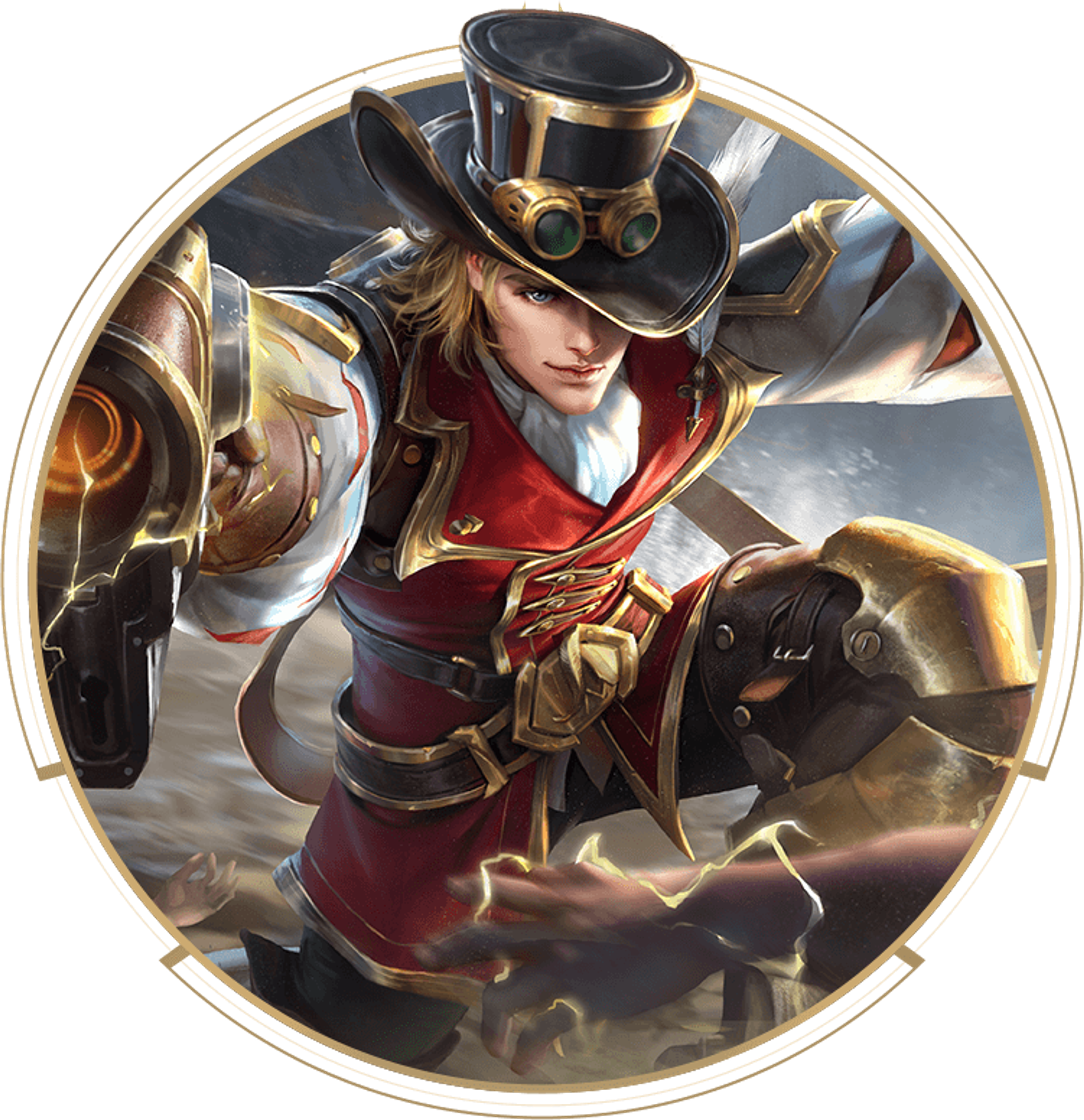 A male character in a red coat, top hat, and goggles, wielding twin pistols in an action pose.