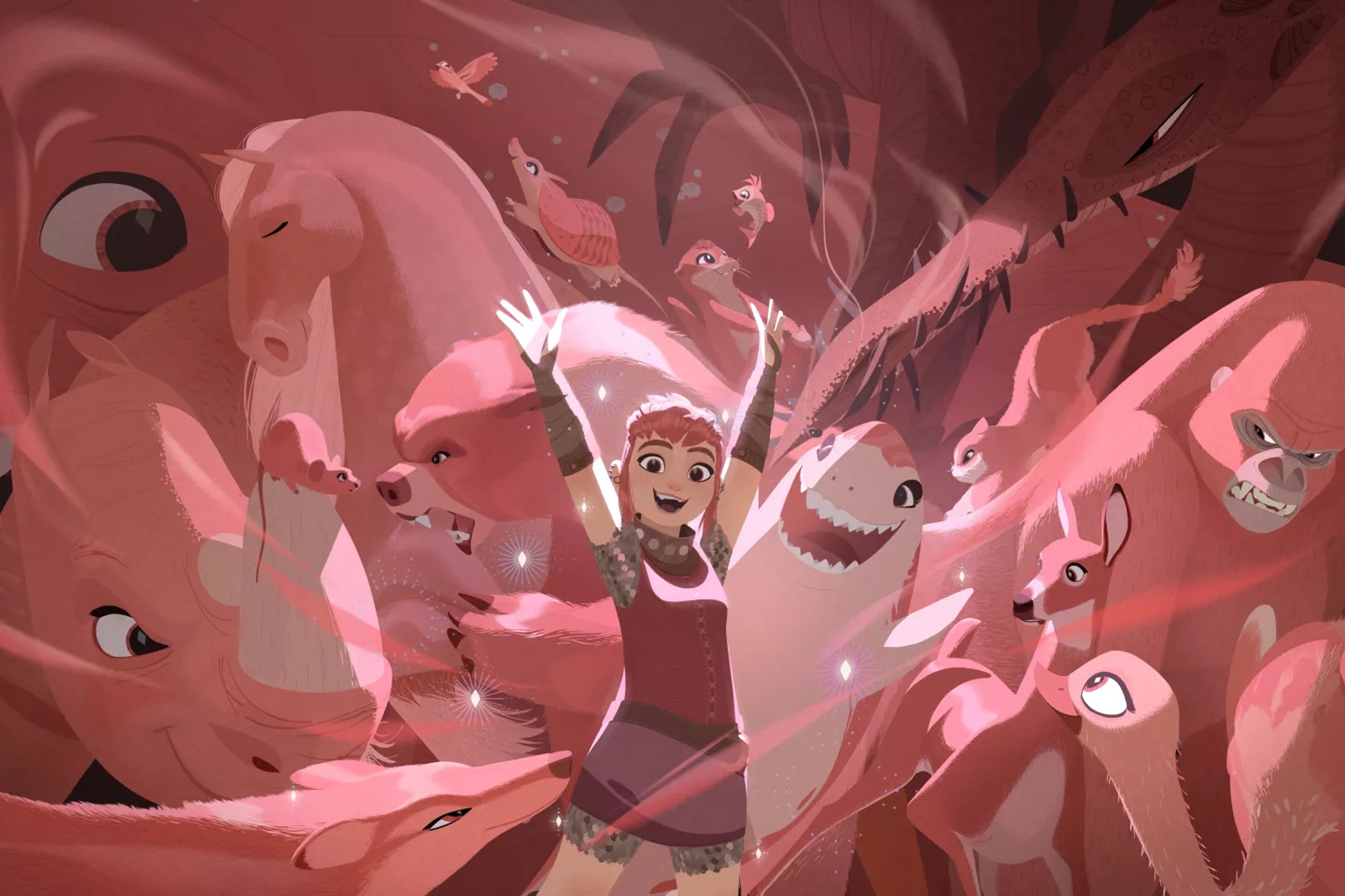 A cartoon character named Nimona surrounded by fantastical creatures in a chaotic, colorful scene.